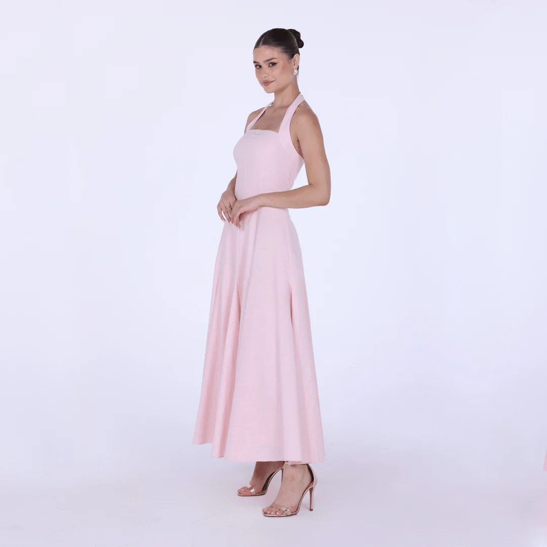 Flared Linen Halter Neck Maxi Dress - Image 2