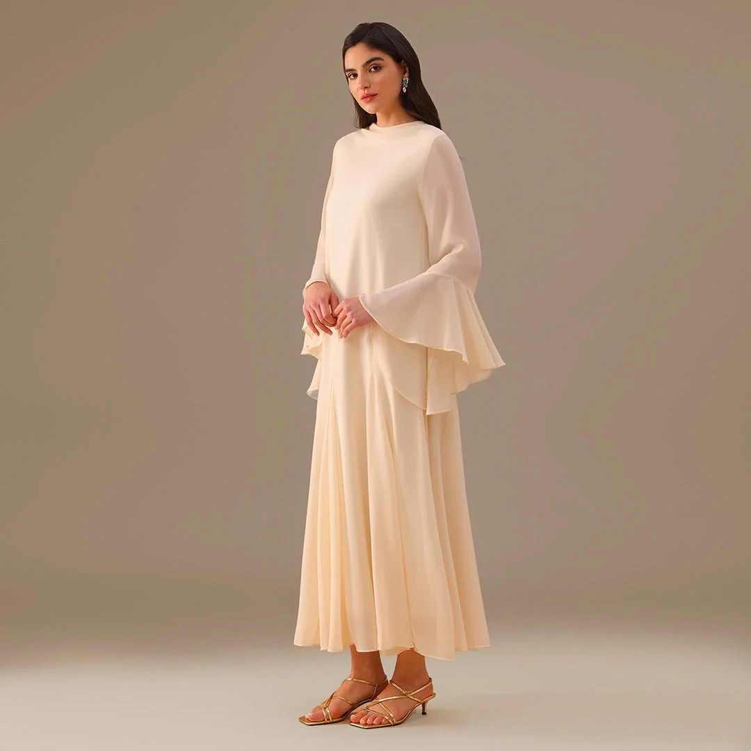 Ivory Flared Long Sleeve Chiffon Maxi Dress - Image 2