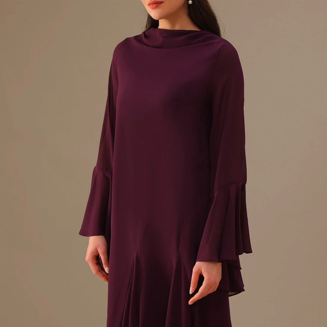 Purple Flared Long Sleeve Chiffon Maxi Dress - Image 3