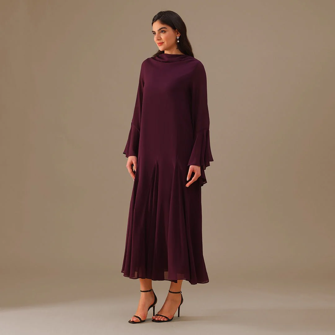 Purple Flared Long Sleeve Chiffon Maxi Dress - Image 4