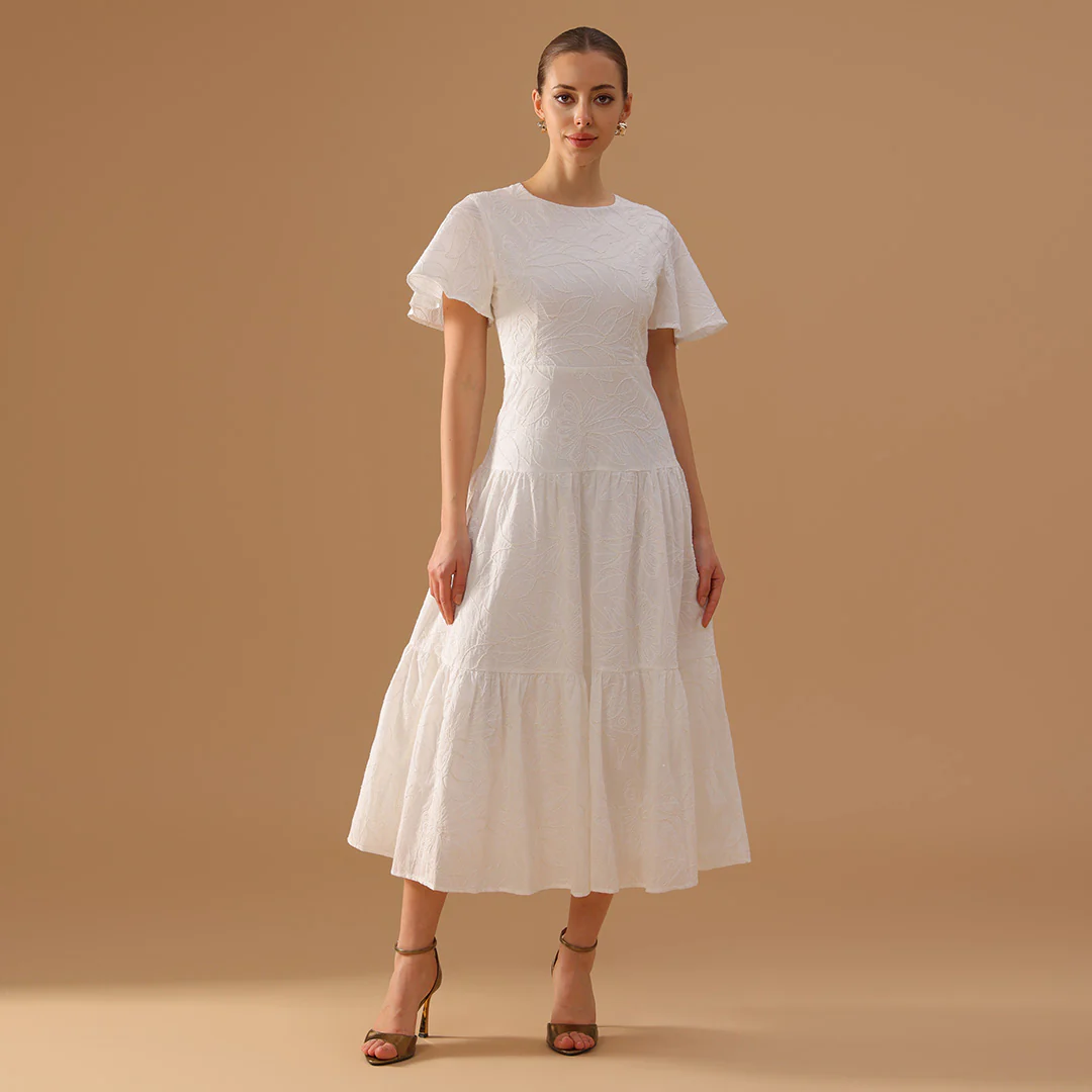 White Flared Short Sleeve Cotton Midi Dress - Image 2