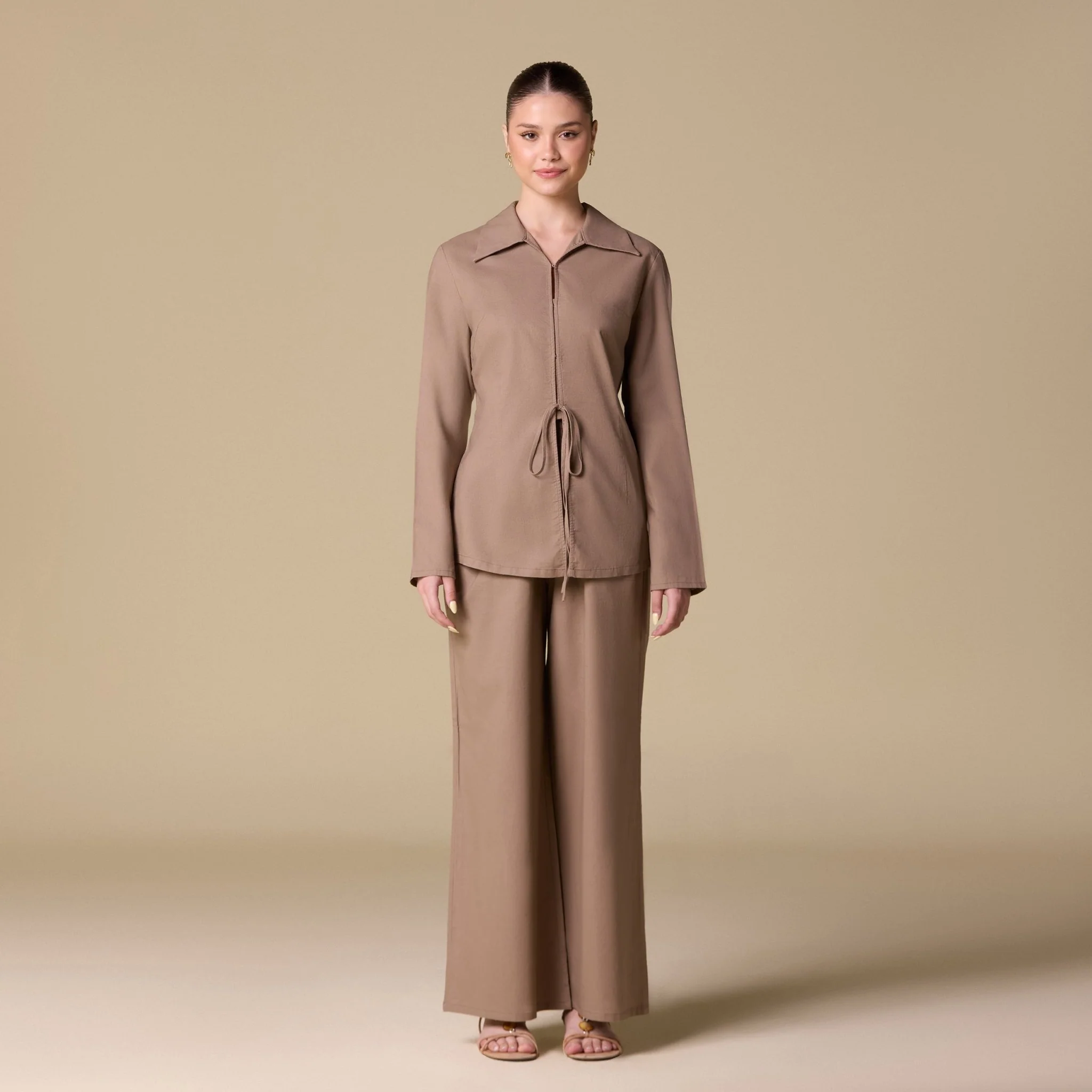 Brown Front Tie Hook Closure Shirt - Image 3