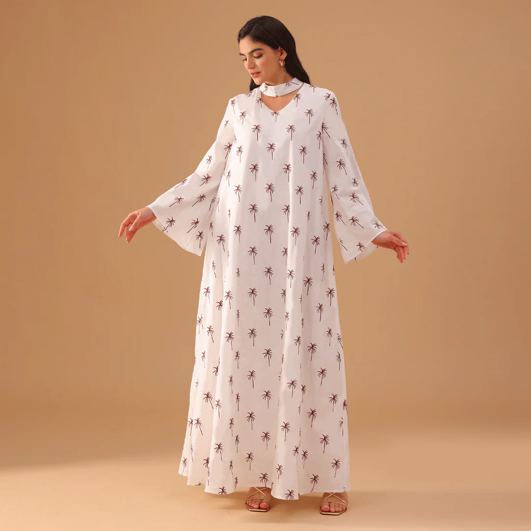 White Fully Embroidered Long Sleeve Kaftan