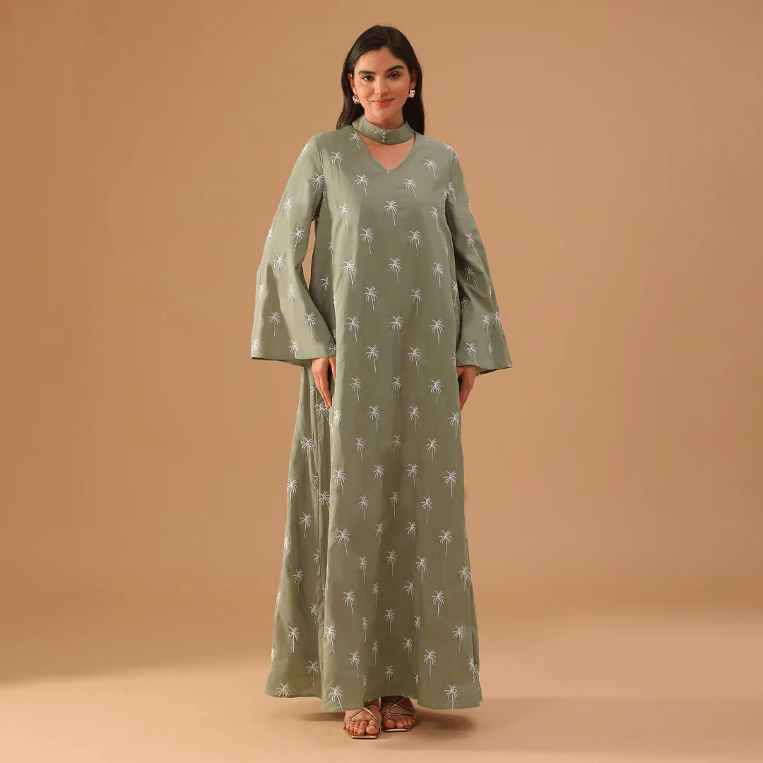 Green Fully Embroidered Long Sleeve Kaftan