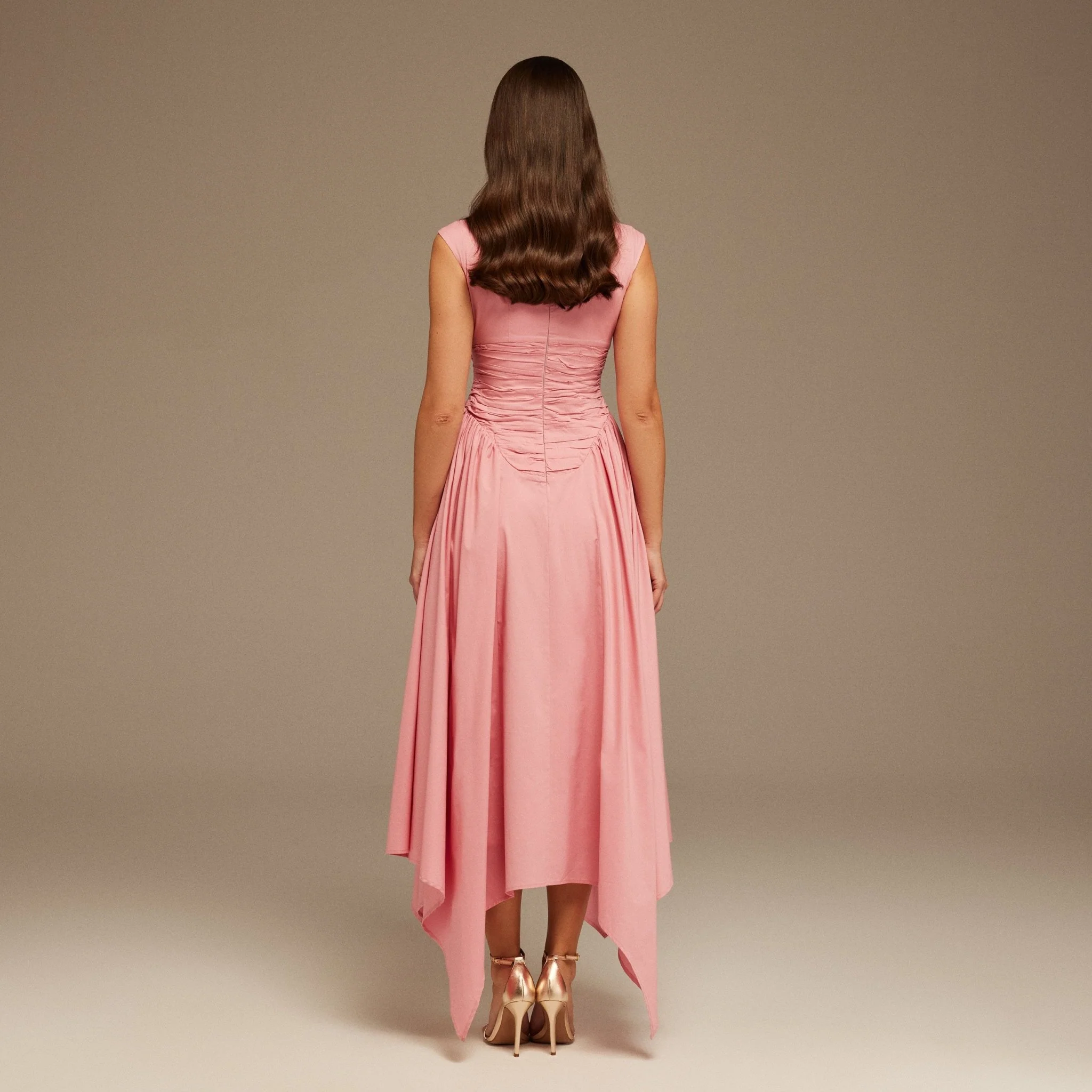 Pink Gathered Poplin Pleated Waist Midi Dress - Image 4