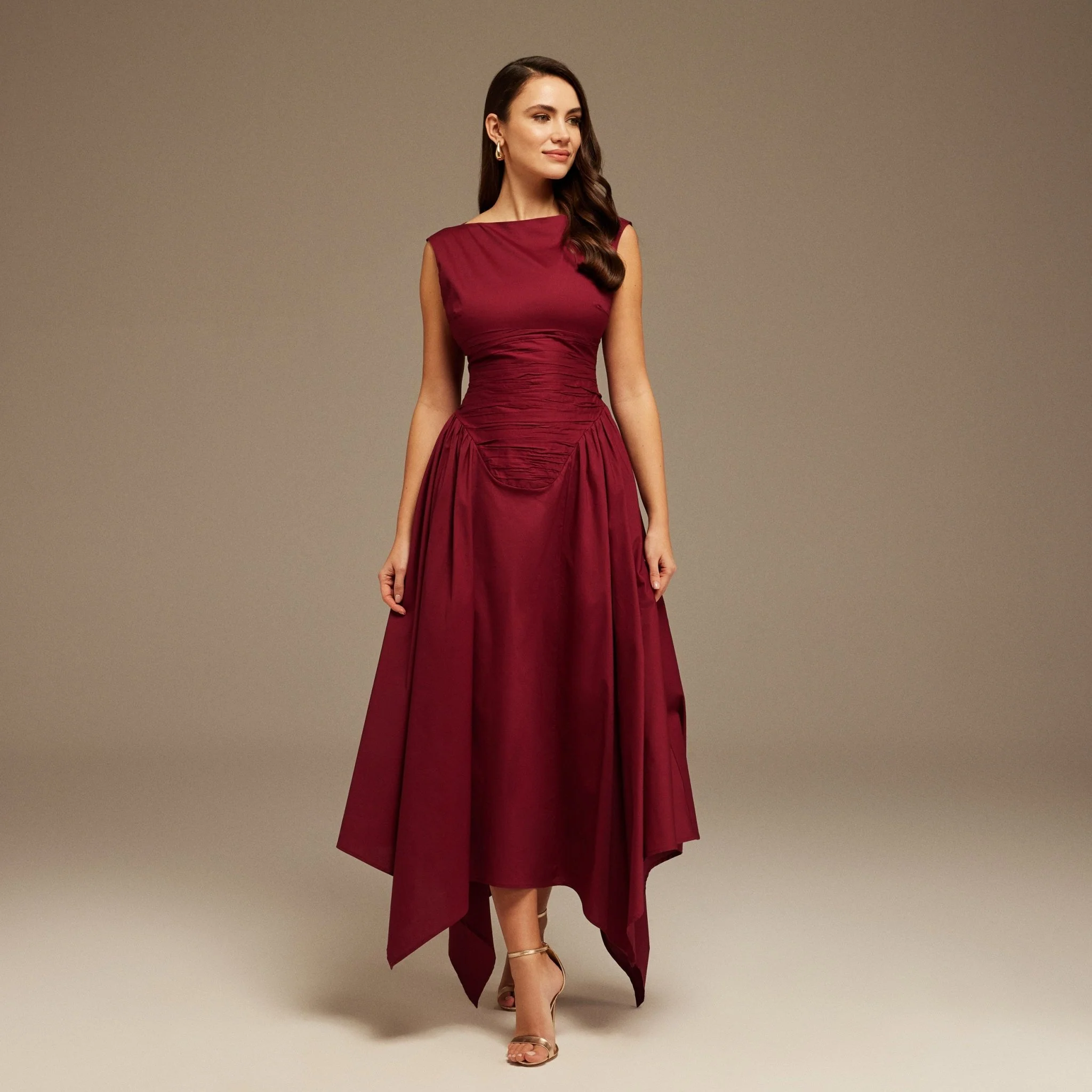 Burgundy Gathered Pleated Waist Midi Dress - Image 2