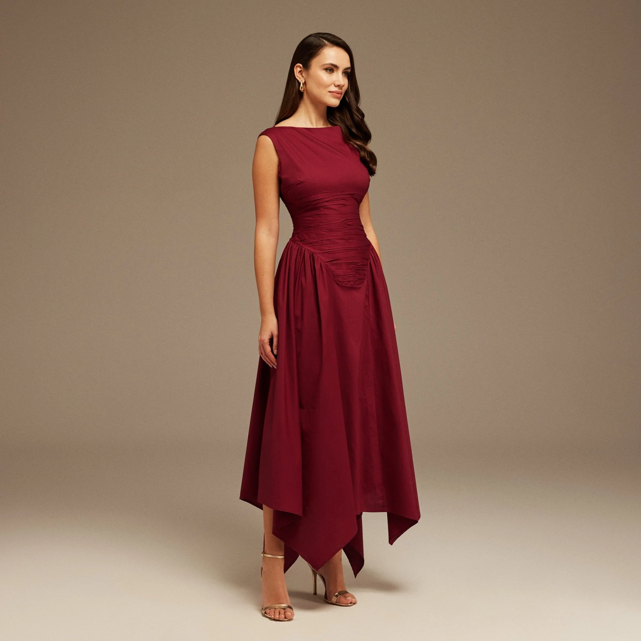 Burgundy Gathered Pleated Waist Midi Dress - Image 3