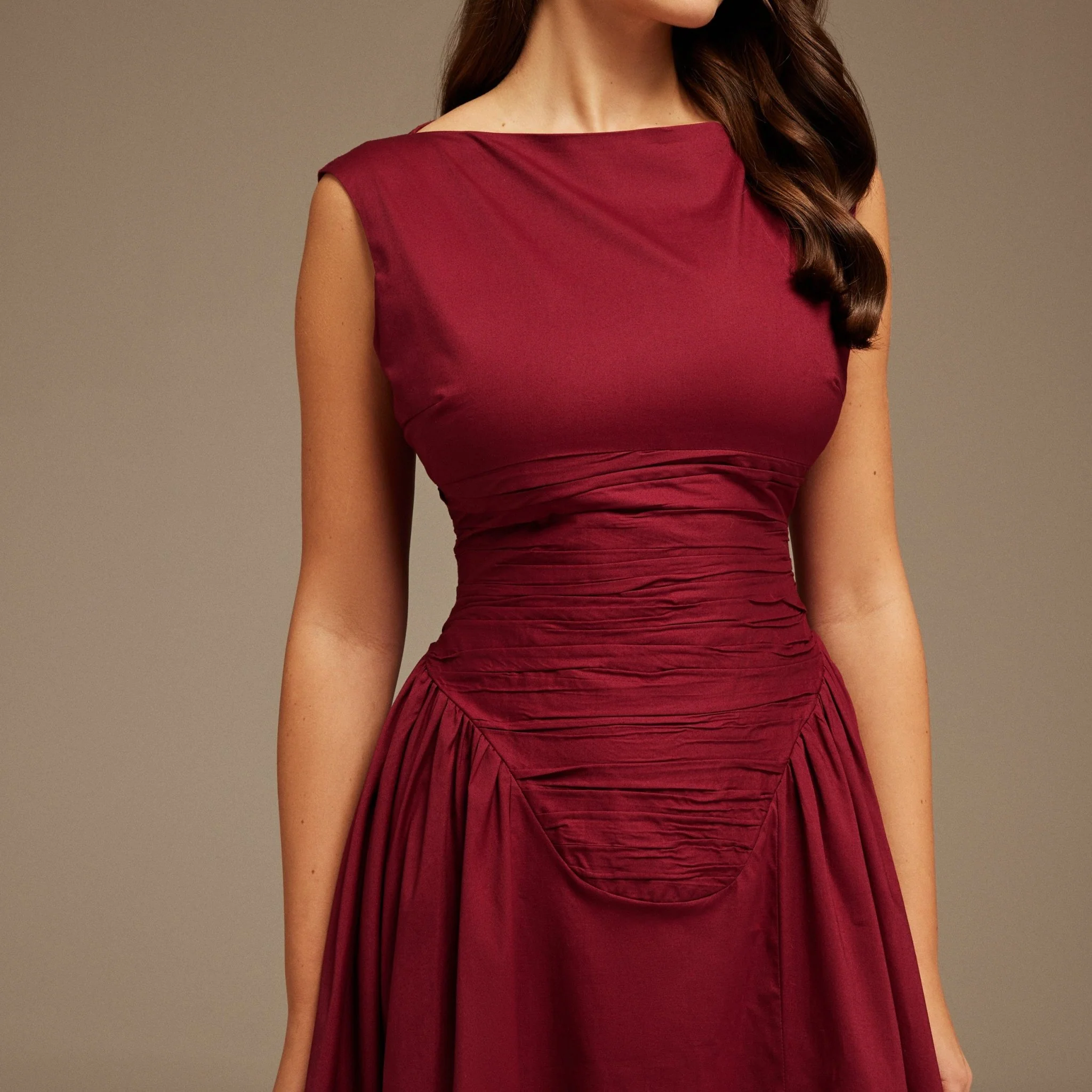 Burgundy Gathered Pleated Waist Midi Dress - Image 4