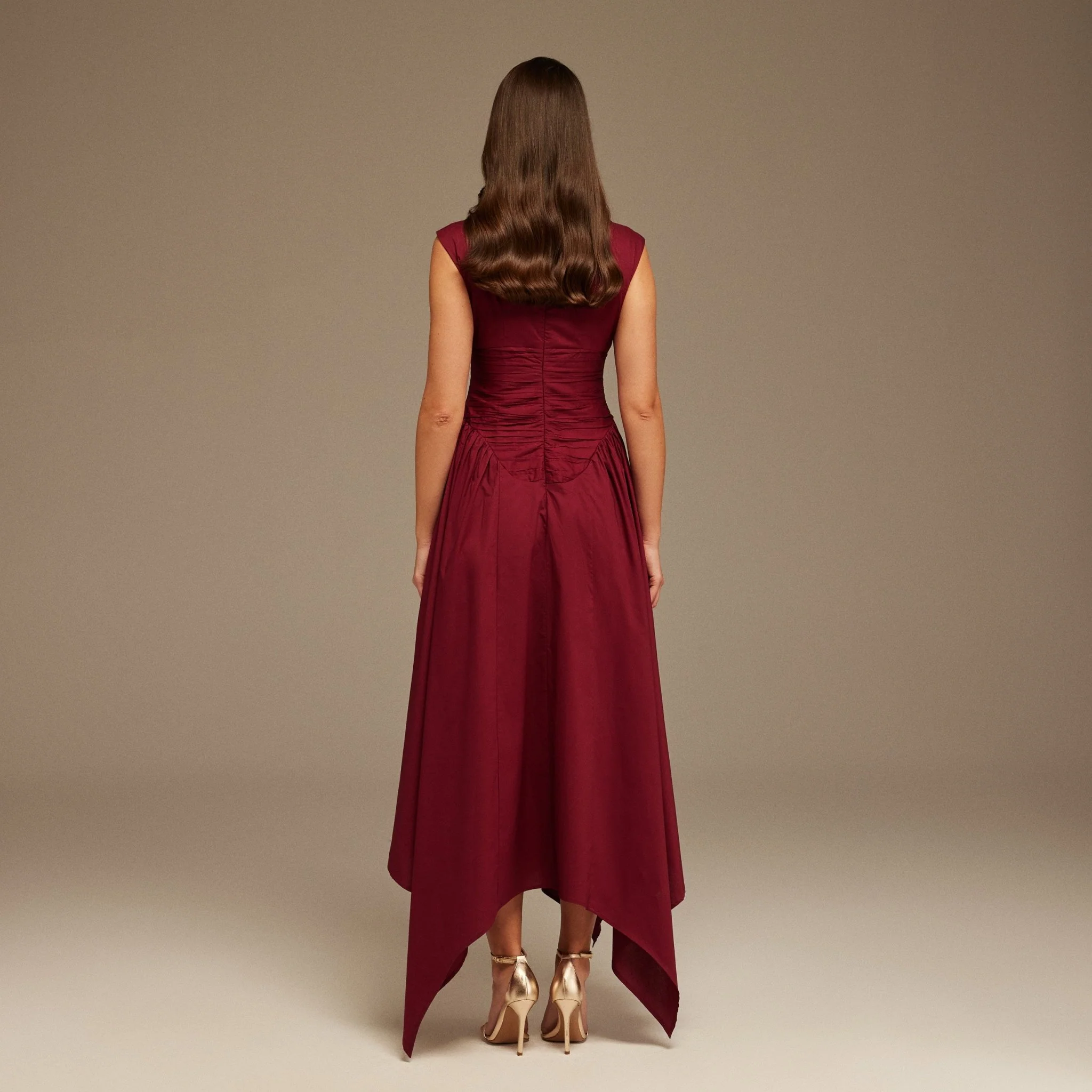 Burgundy Gathered Pleated Waist Midi Dress - Image 5