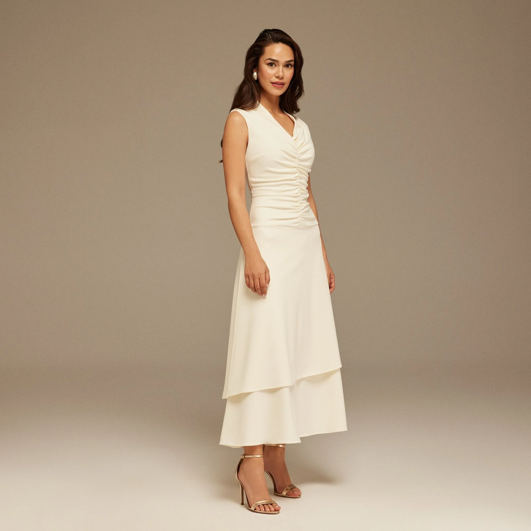 White Crepe V Neck Gathered Midi Dress - Image 2