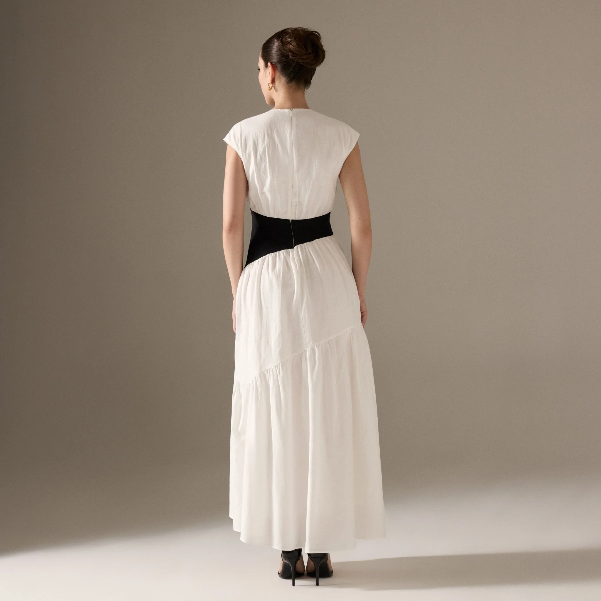 White Gathered Linen Waist A-Line Maxi Dress - Image 4