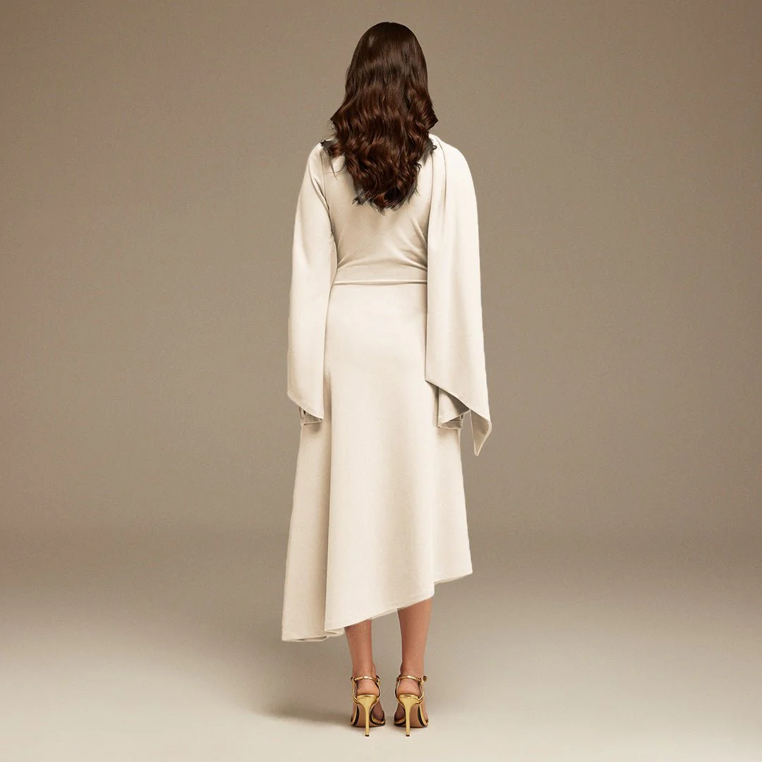 Ivory Gathered Waist Midi Dress With Scarf - Image 3