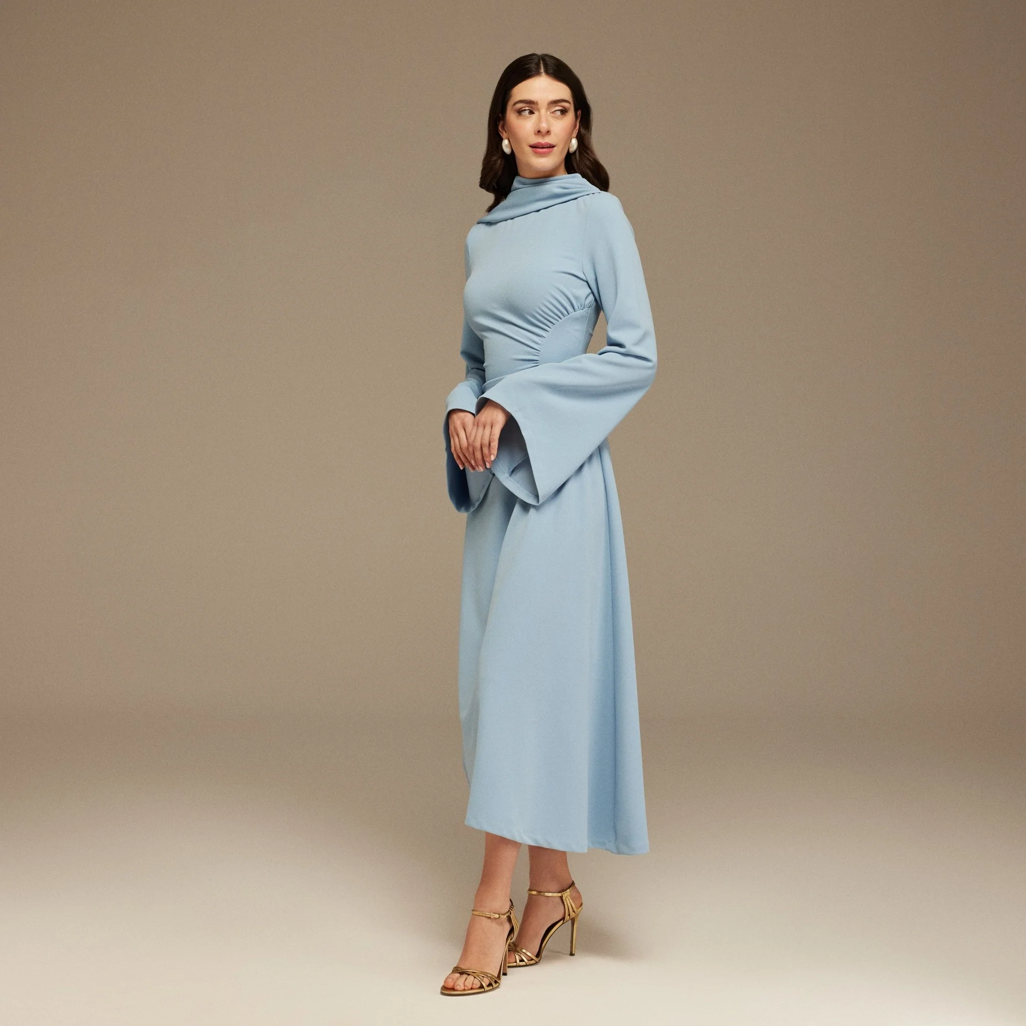 Light Blue Gathered Waist Midi Dress With Scarf - Image 2