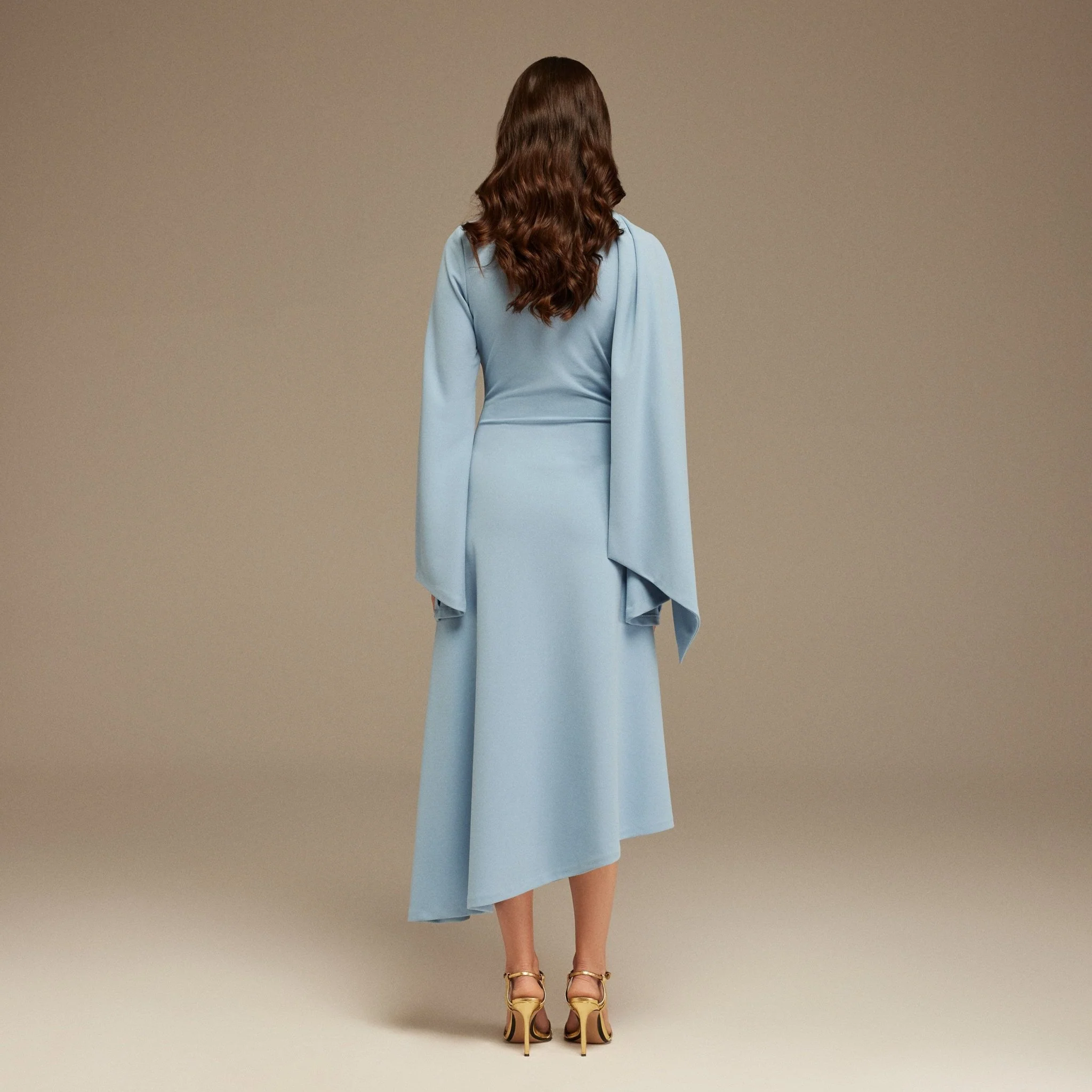 Light Blue Gathered Waist Midi Dress With Scarf - Image 4