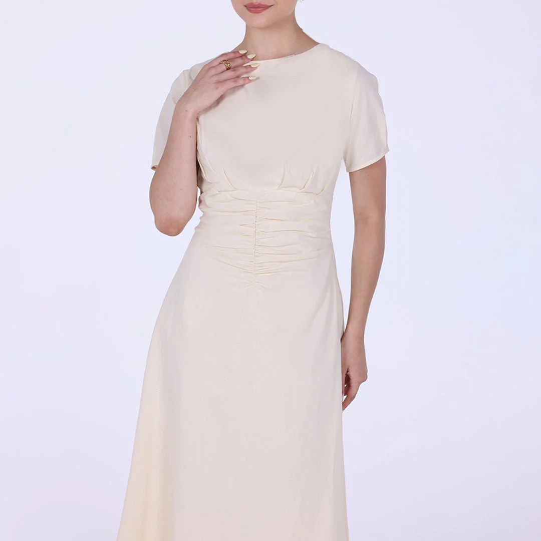Gathered Waist Short Sleeves Linen Dress - Image 3