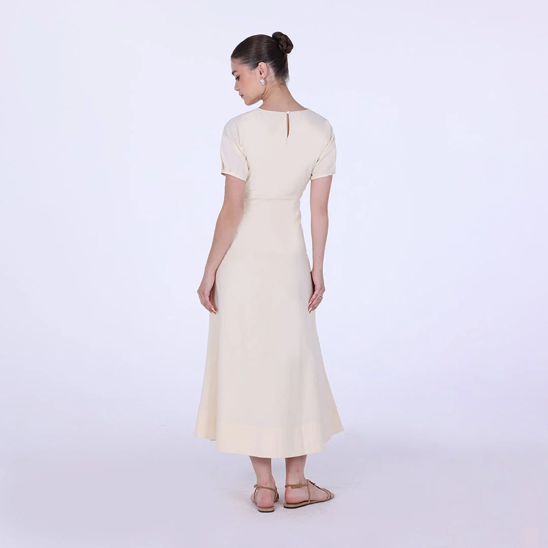 Gathered Waist Short Sleeves Linen Dress - Image 4