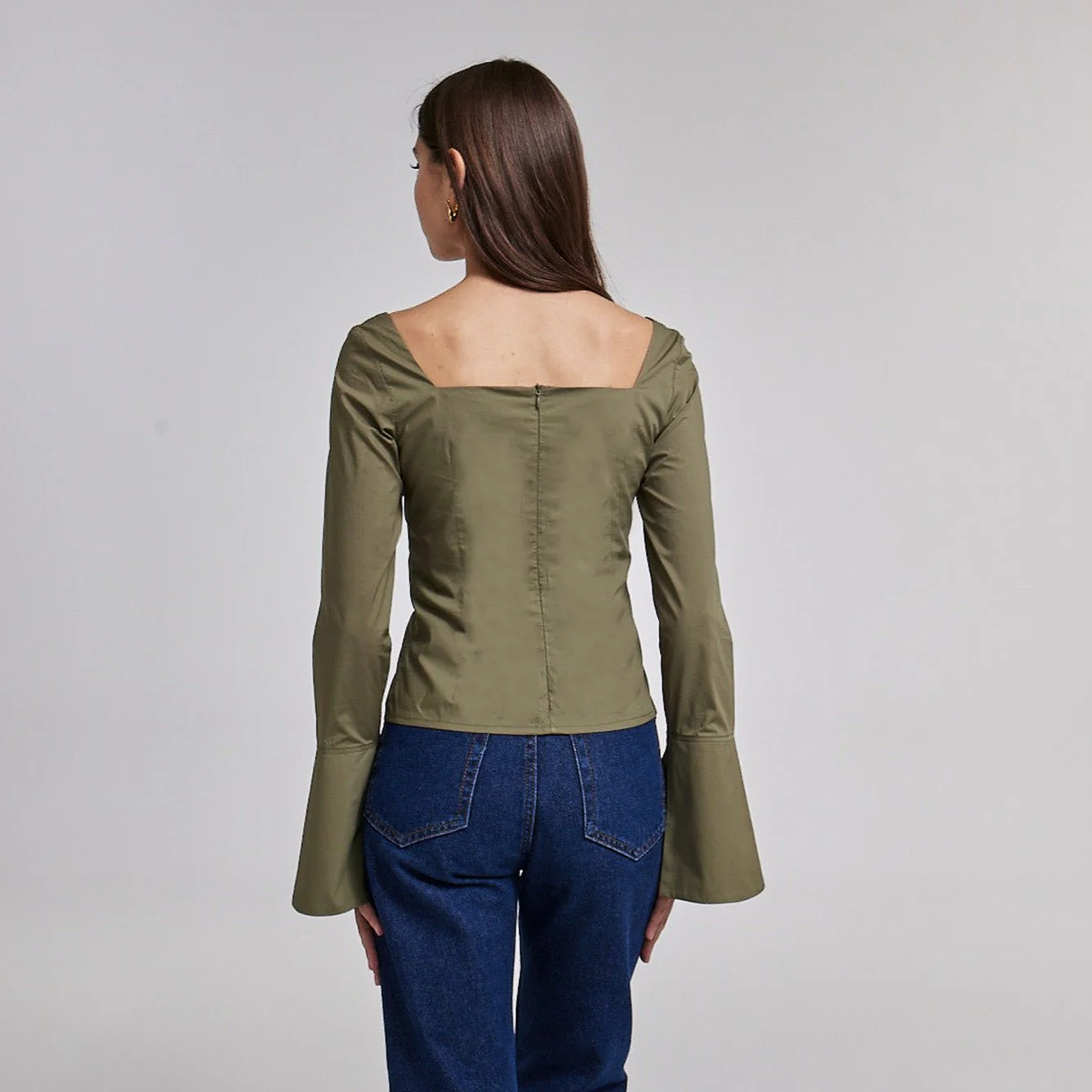Green Cotton Square Neck Long Sleeve Top - Image 3