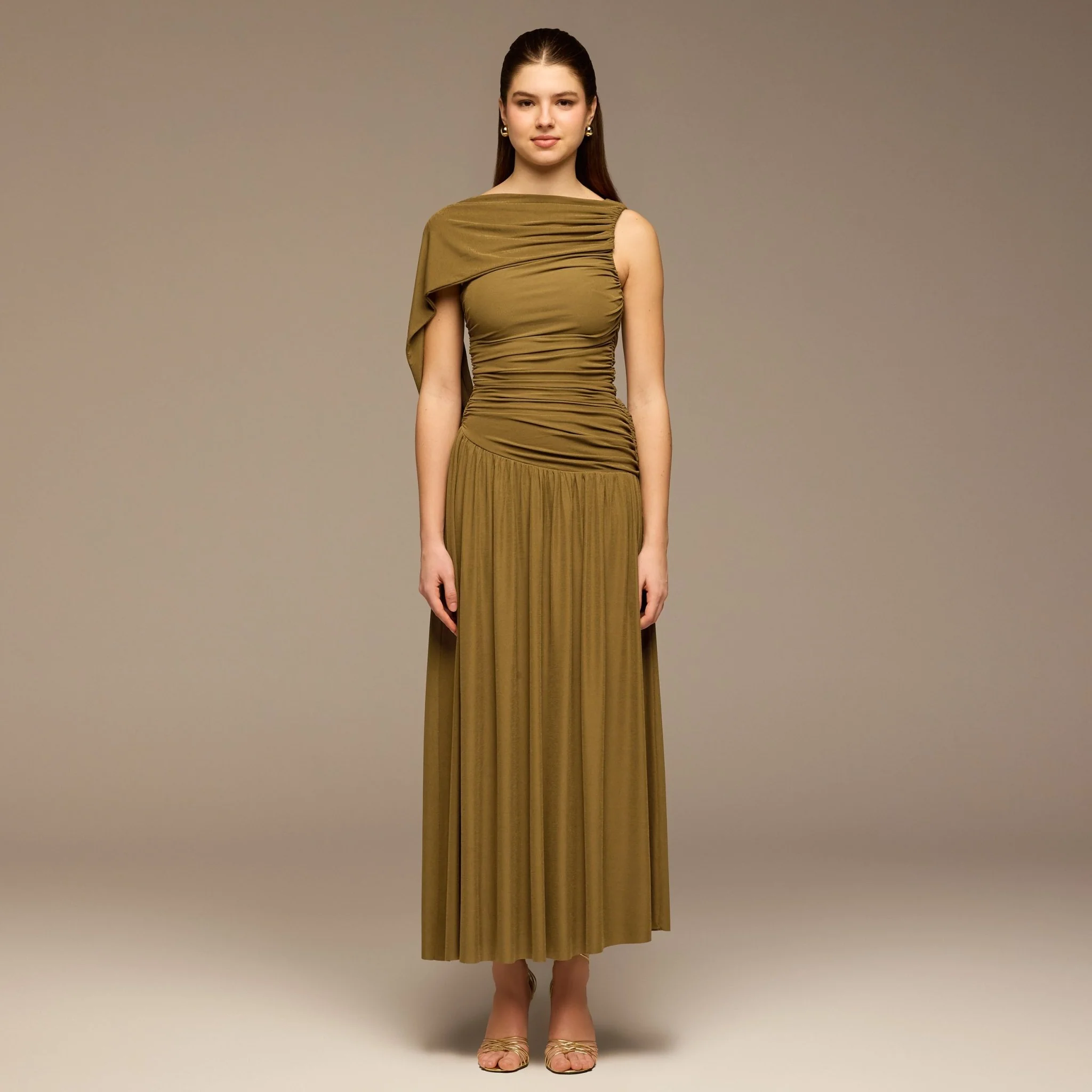 Olive Ruched Jersey Maxi Dress - Image 2