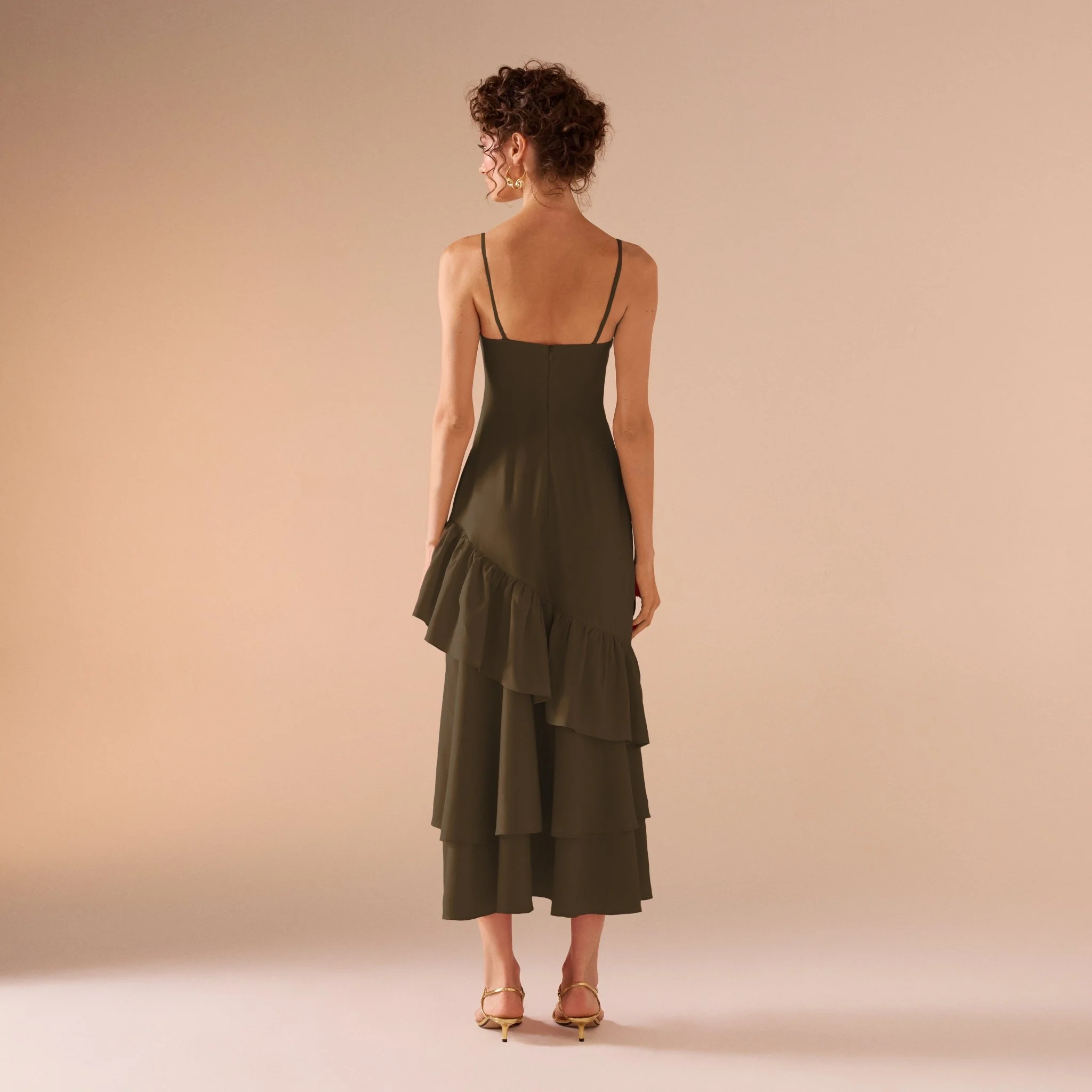 Green Linen Dress With Ruffled Skirt - Image 3
