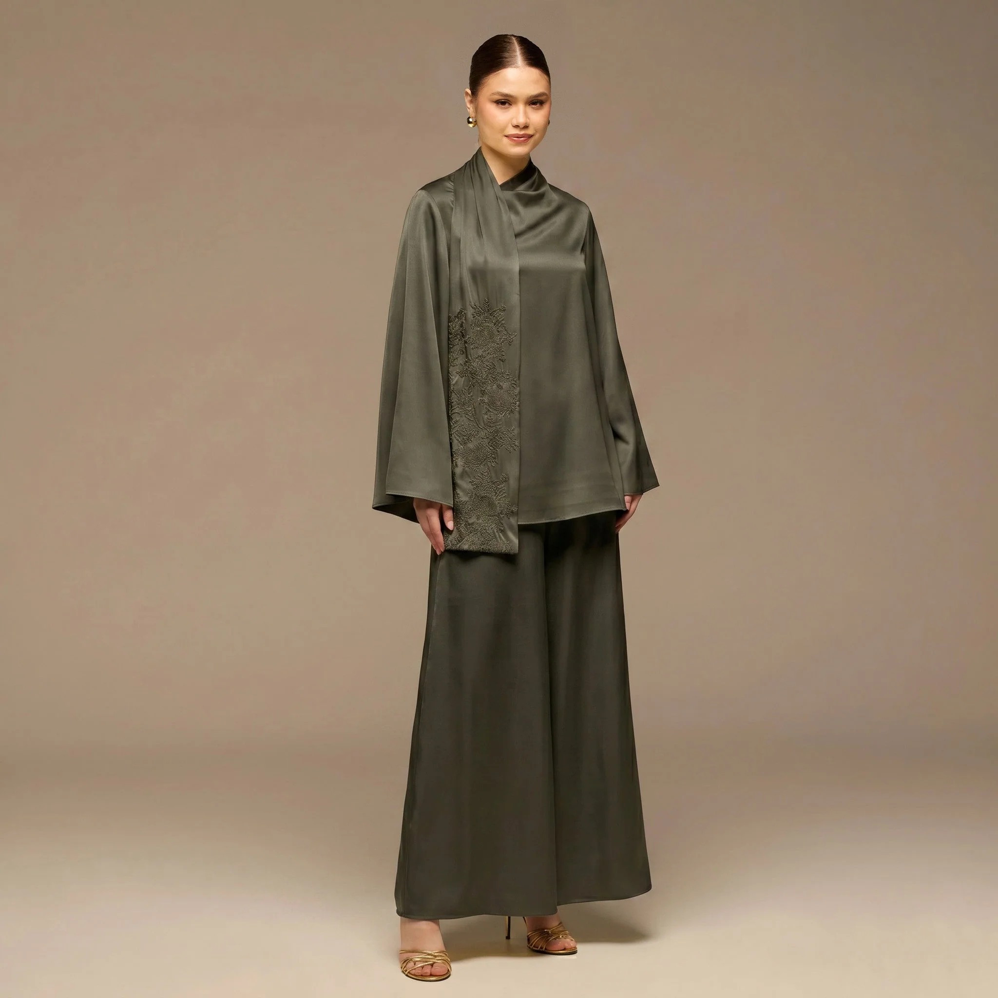 Green Loose Fit Long Sleeve Satin Blouse - Image 2