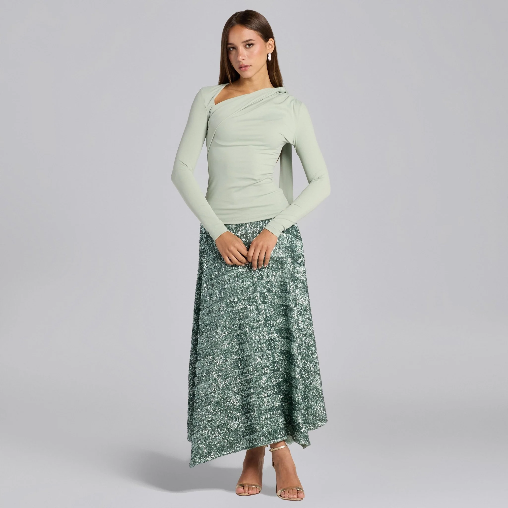Green Sequin A-Line Flared Skirt - Image 2