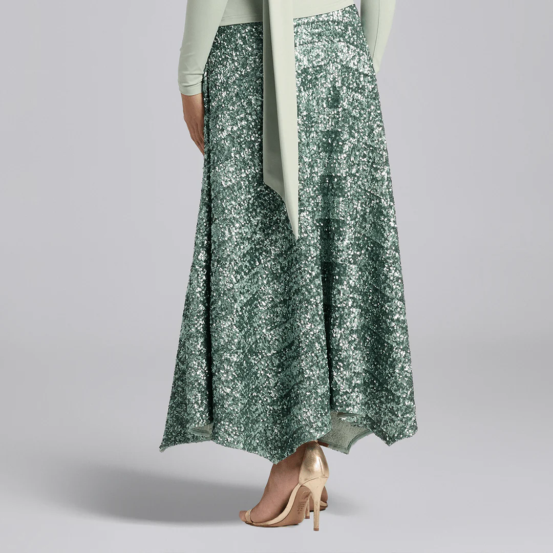 Green Sequin A-Line Flared Skirt - Image 5
