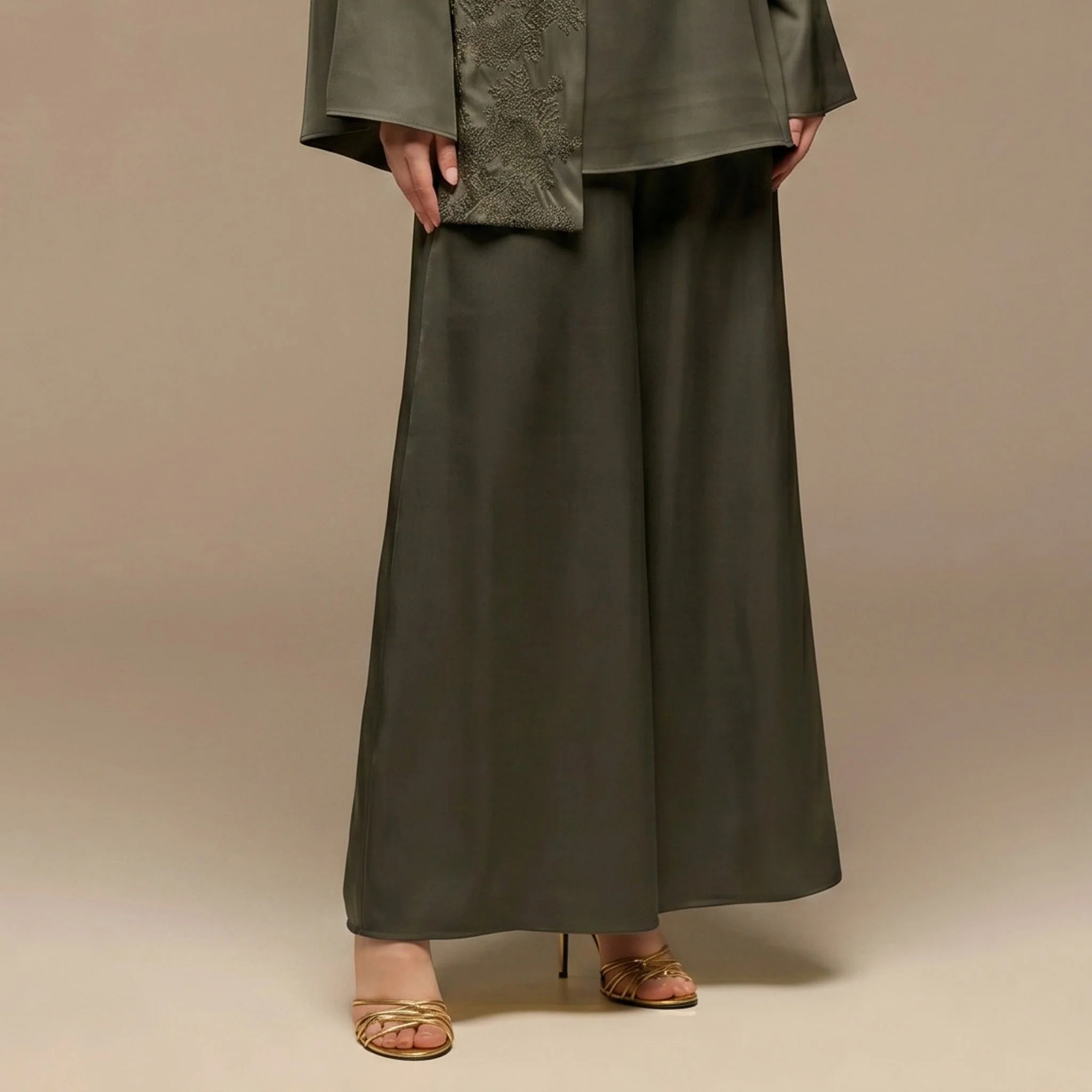 Green Wide Leg Satin Pants - Image 3