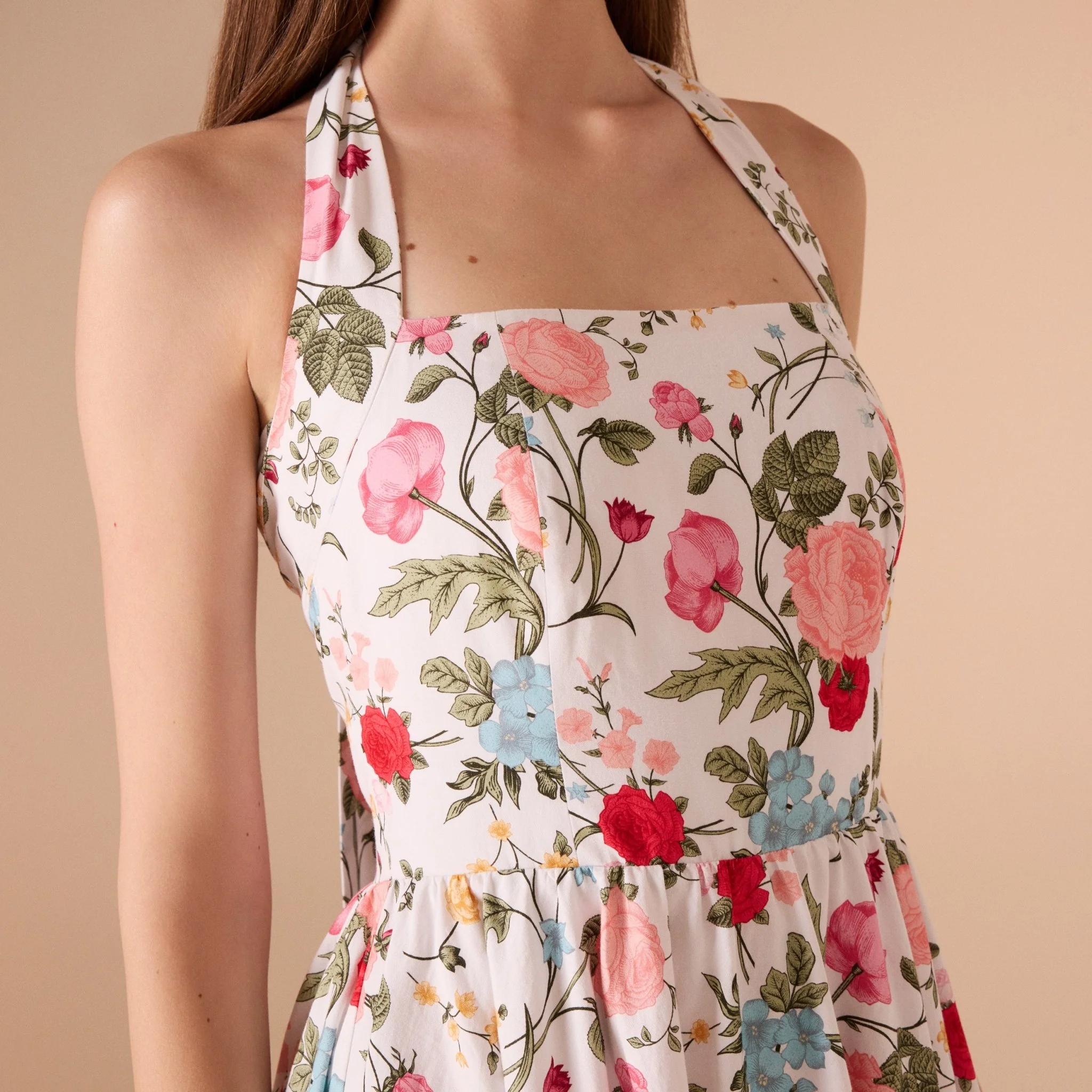 Halter Neck A-line Flowers Printed Midi Dress - Image 4