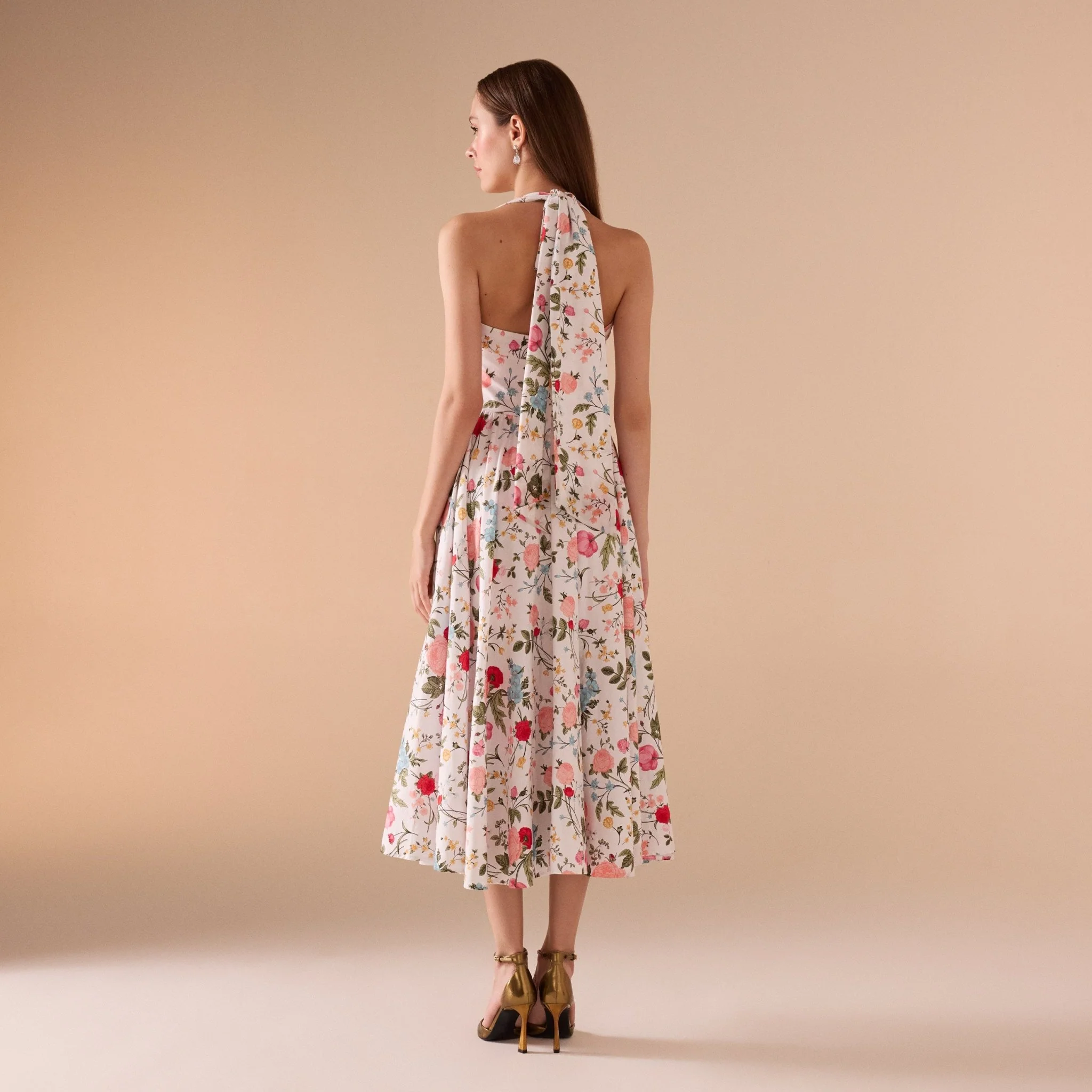 Halter Neck A-line Flowers Printed Midi Dress - Image 5