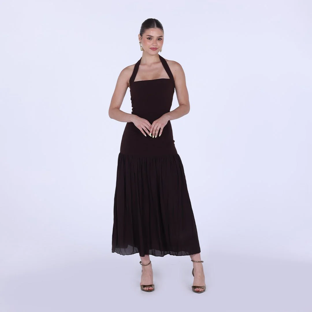 Brown Halter Straps Midi Crepe Dress