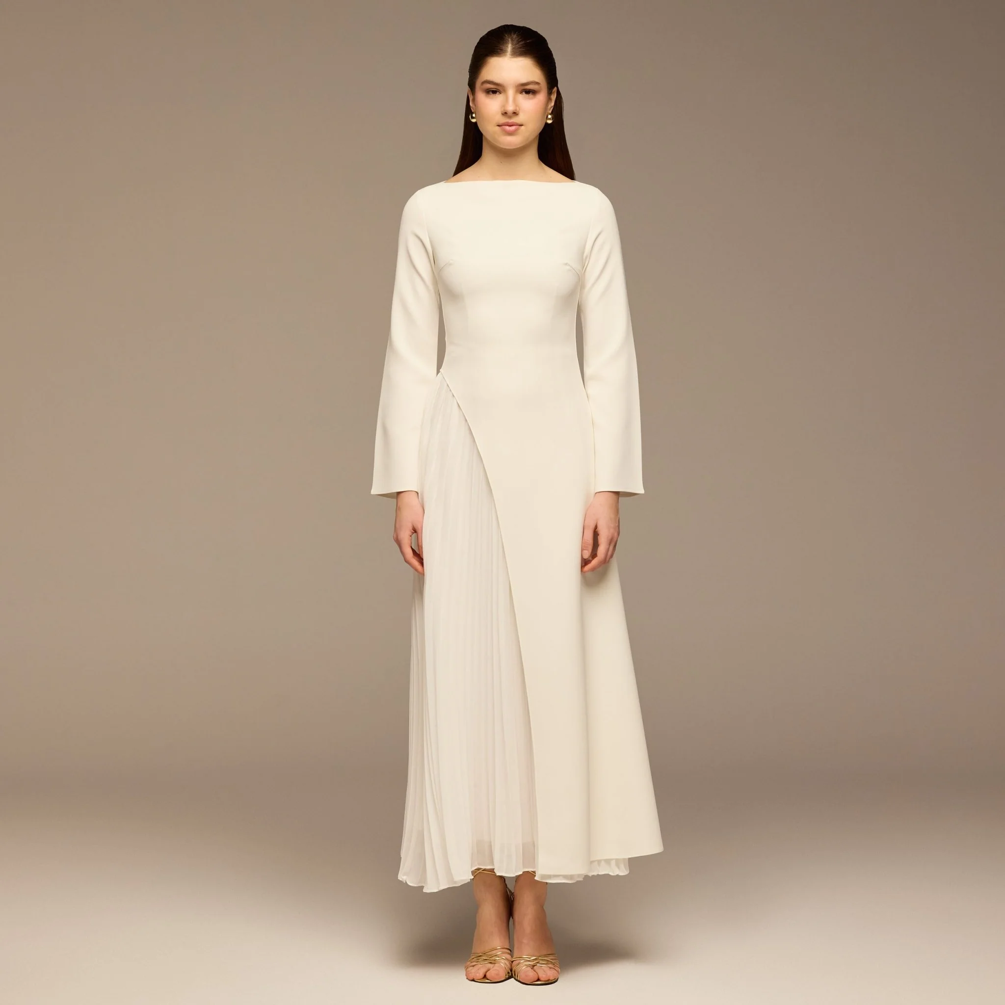 Ivory Crepe Maxi Dress with Side Pleated Panel
