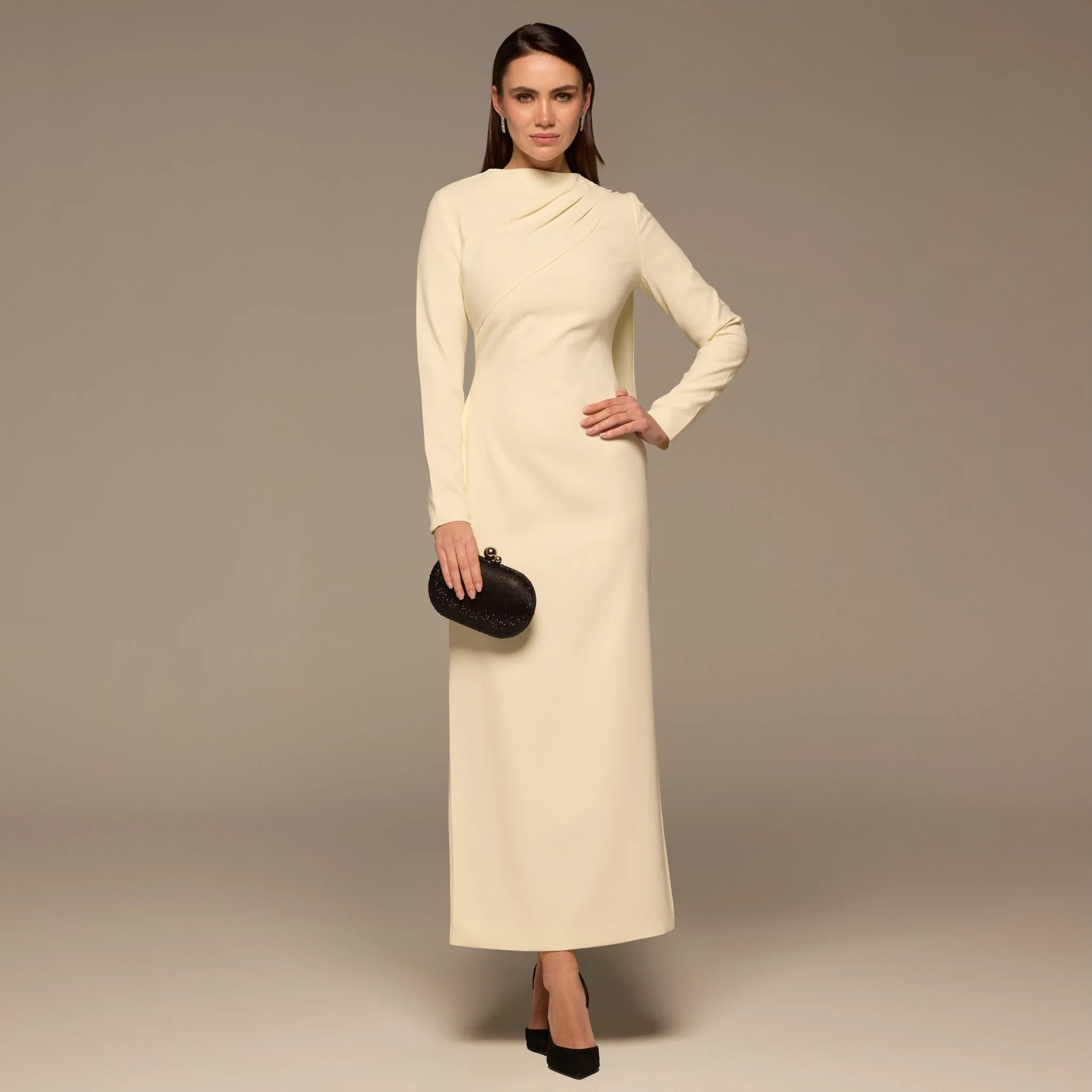 Ivory Crepe Draped Dress with Scarf