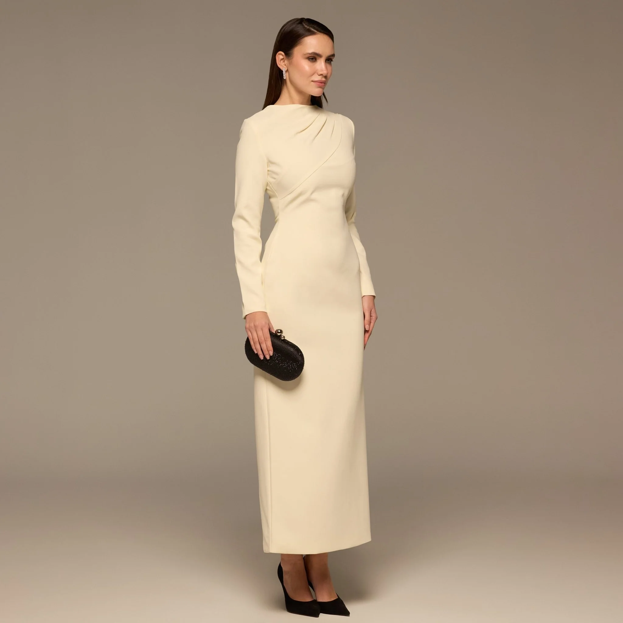 Ivory Crepe Draped Dress with Scarf - Image 2