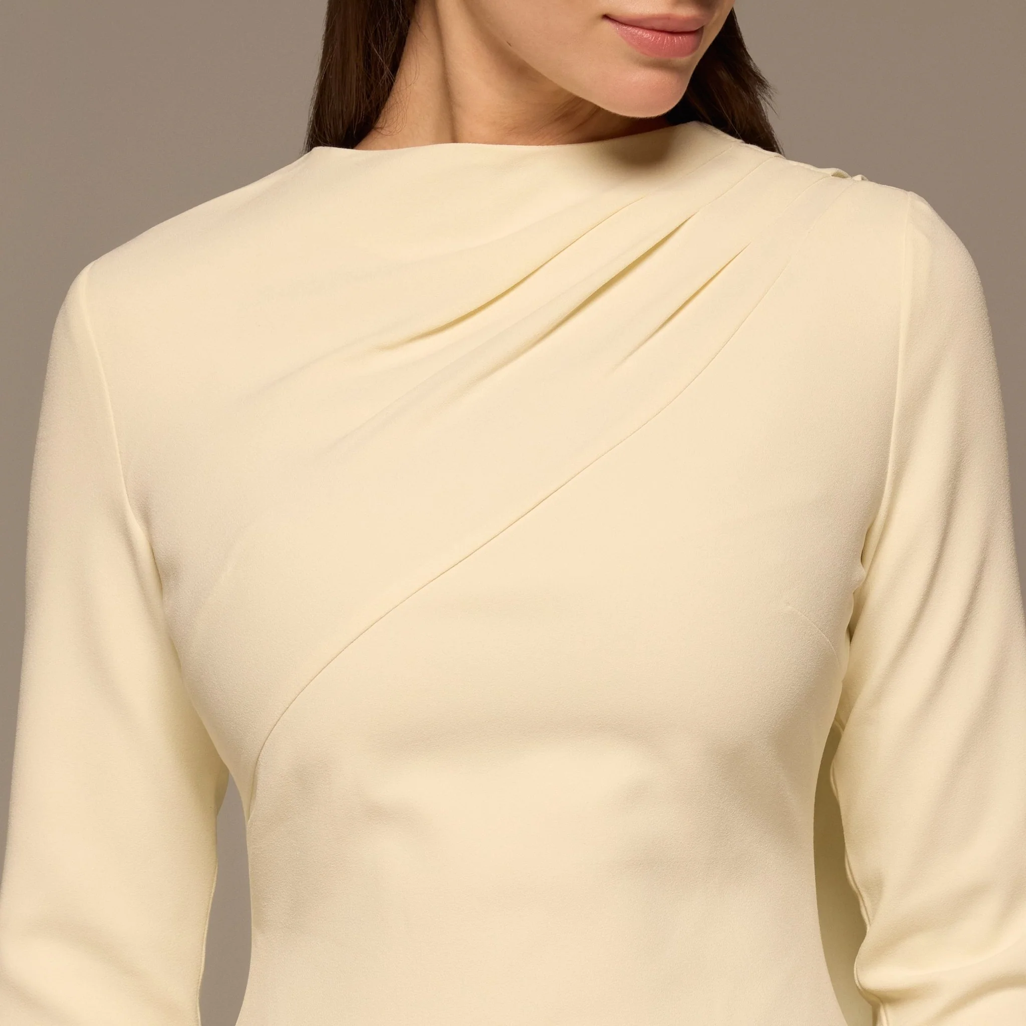 Ivory Crepe Draped Dress with Scarf - Image 3