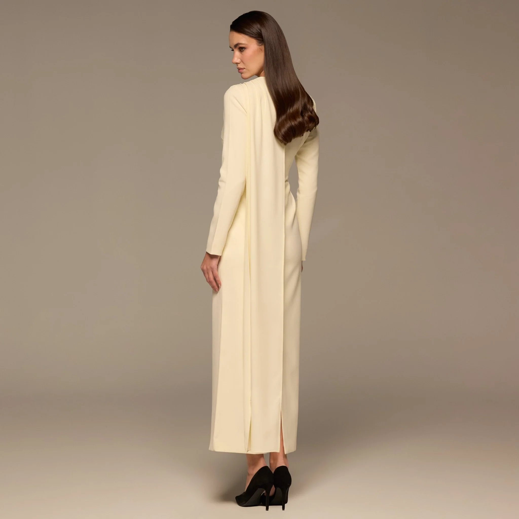 Ivory Crepe Draped Dress with Scarf - Image 4
