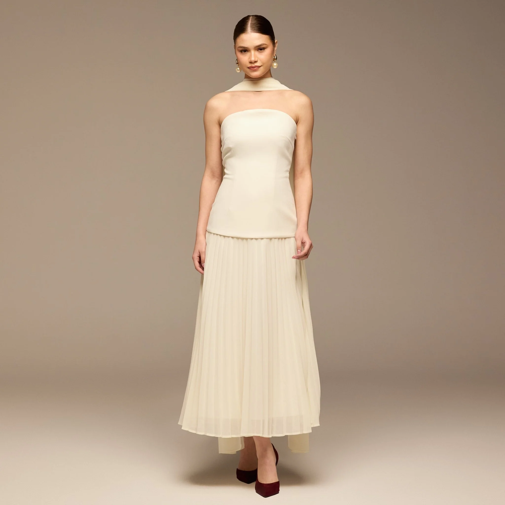 Ivory Crepe and Chiffon Pleated Dress with Scarf