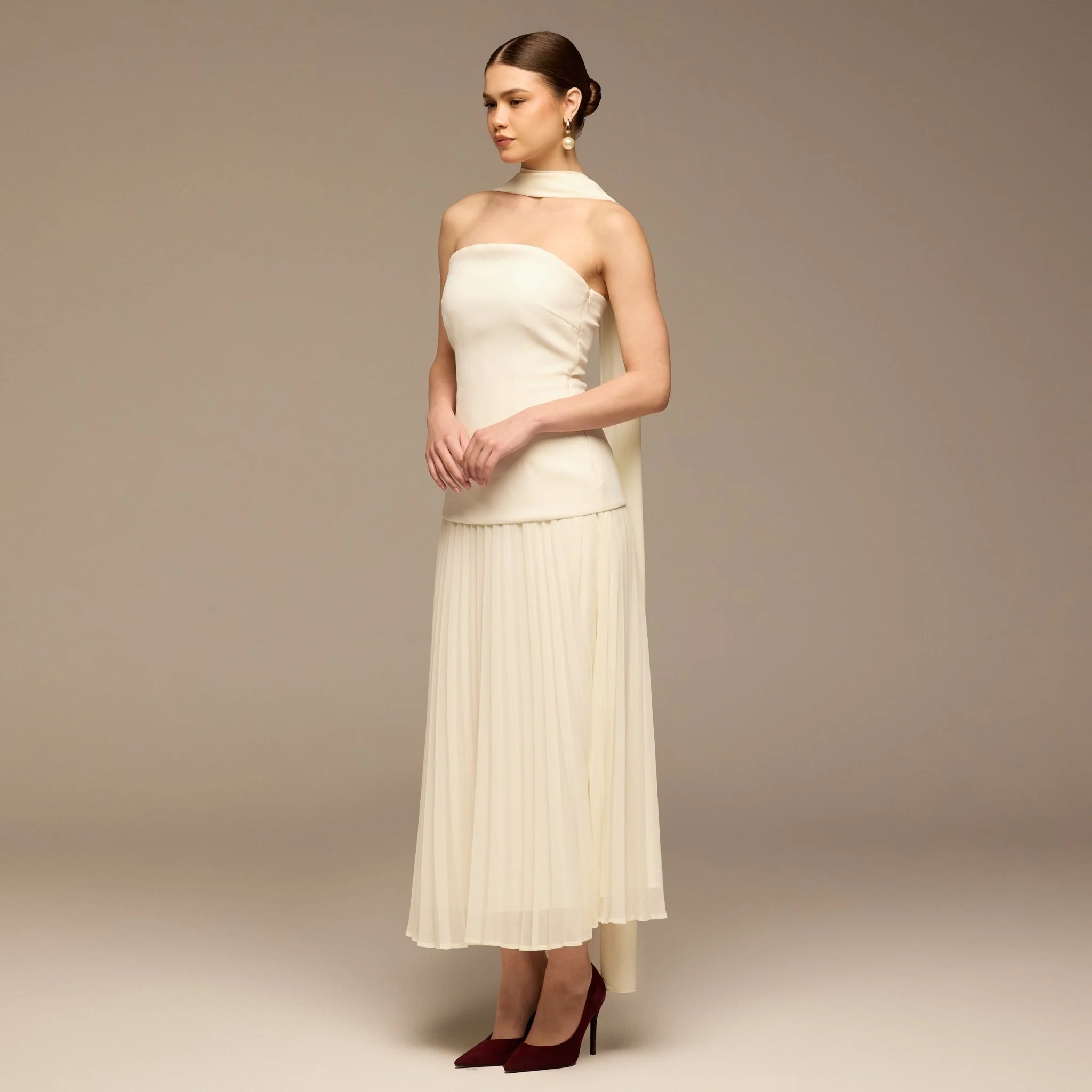Ivory Crepe and Chiffon Pleated Dress with Scarf - Image 2