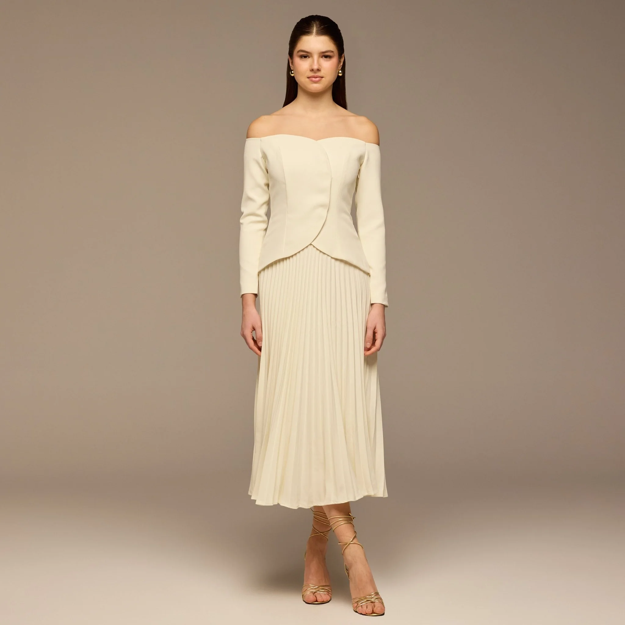 Ivory Crepe & Chiffon Pleated Maxi Dress