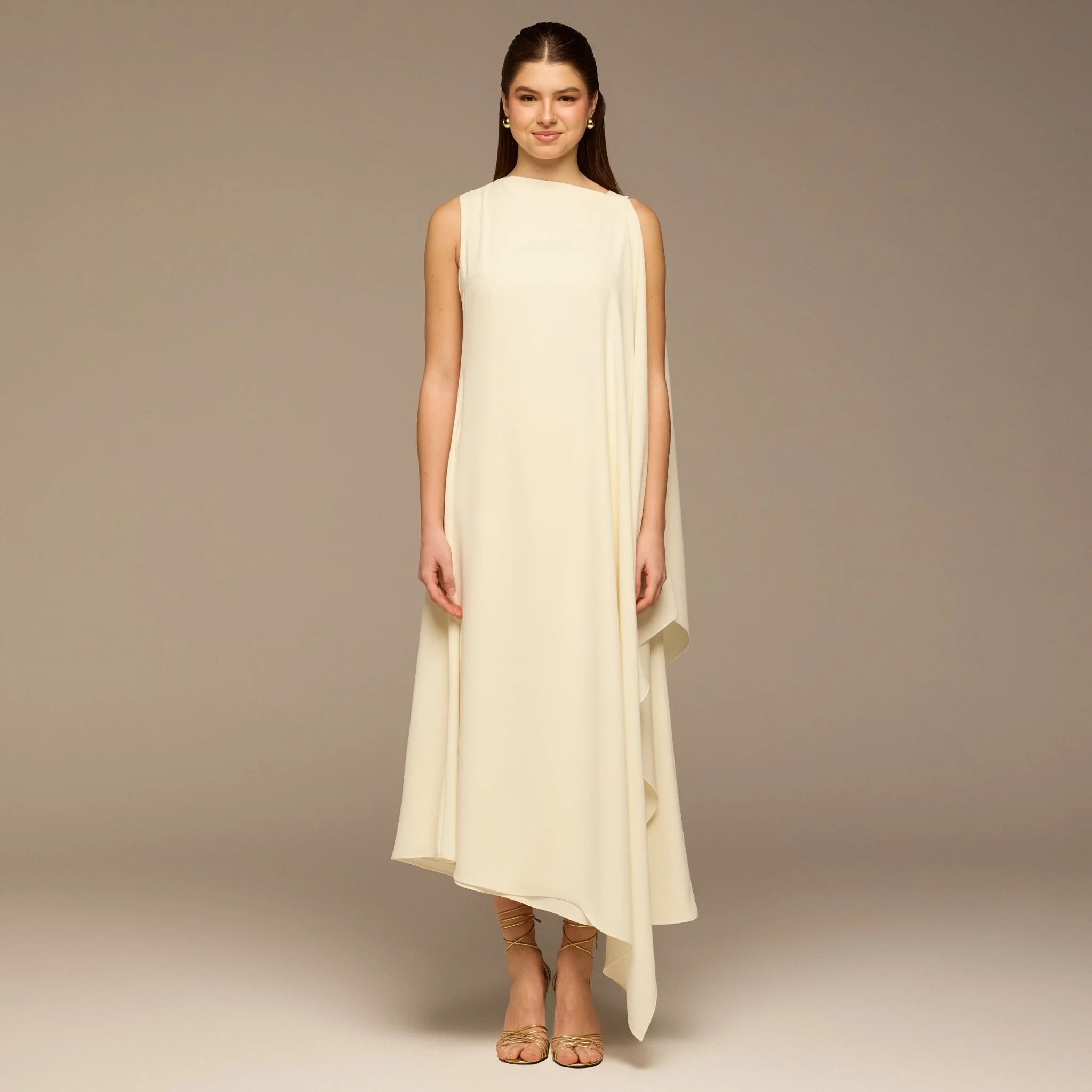 Ivory Sleeveless Crepe Maxi Dress with Side Scarf