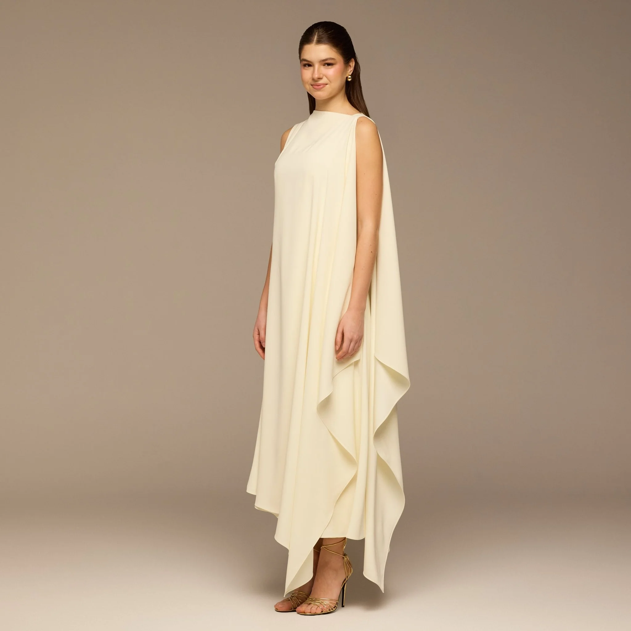 Ivory Sleeveless Crepe Maxi Dress with Side Scarf - Image 2
