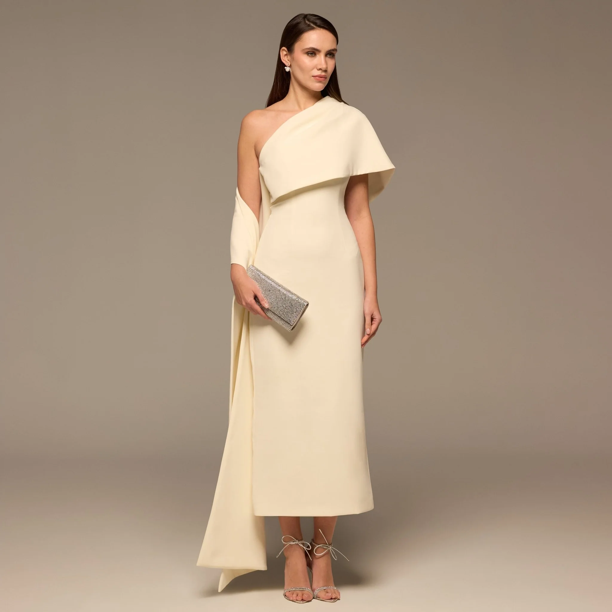 Ivory One Shoulder Draped Crepe Dress