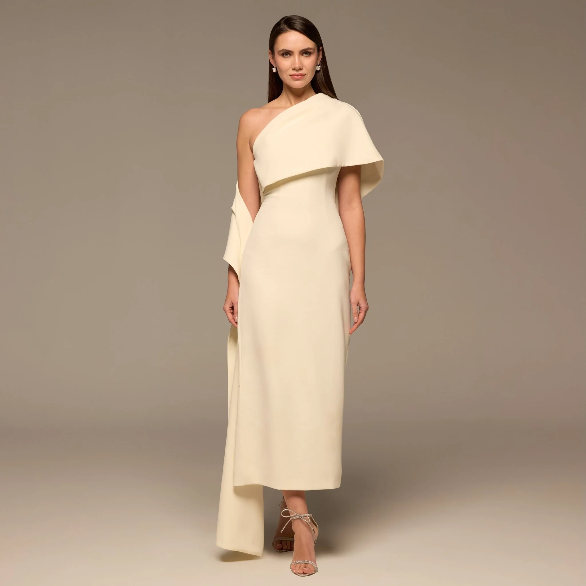 Ivory One Shoulder Draped Crepe Dress - Image 2