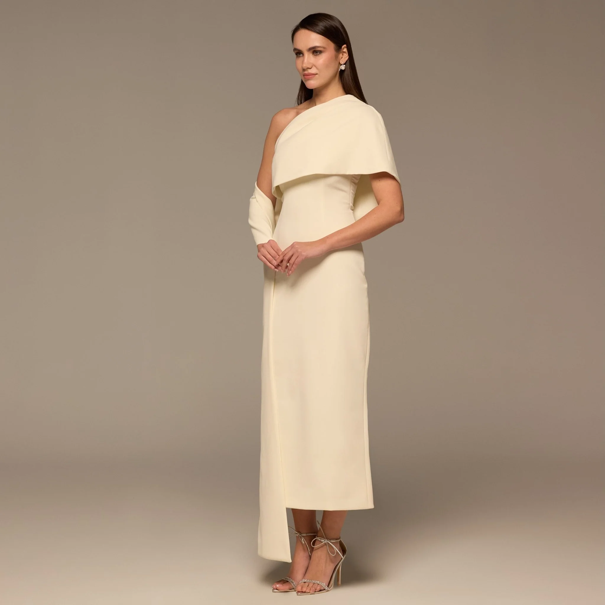Ivory One Shoulder Draped Crepe Dress - Image 3