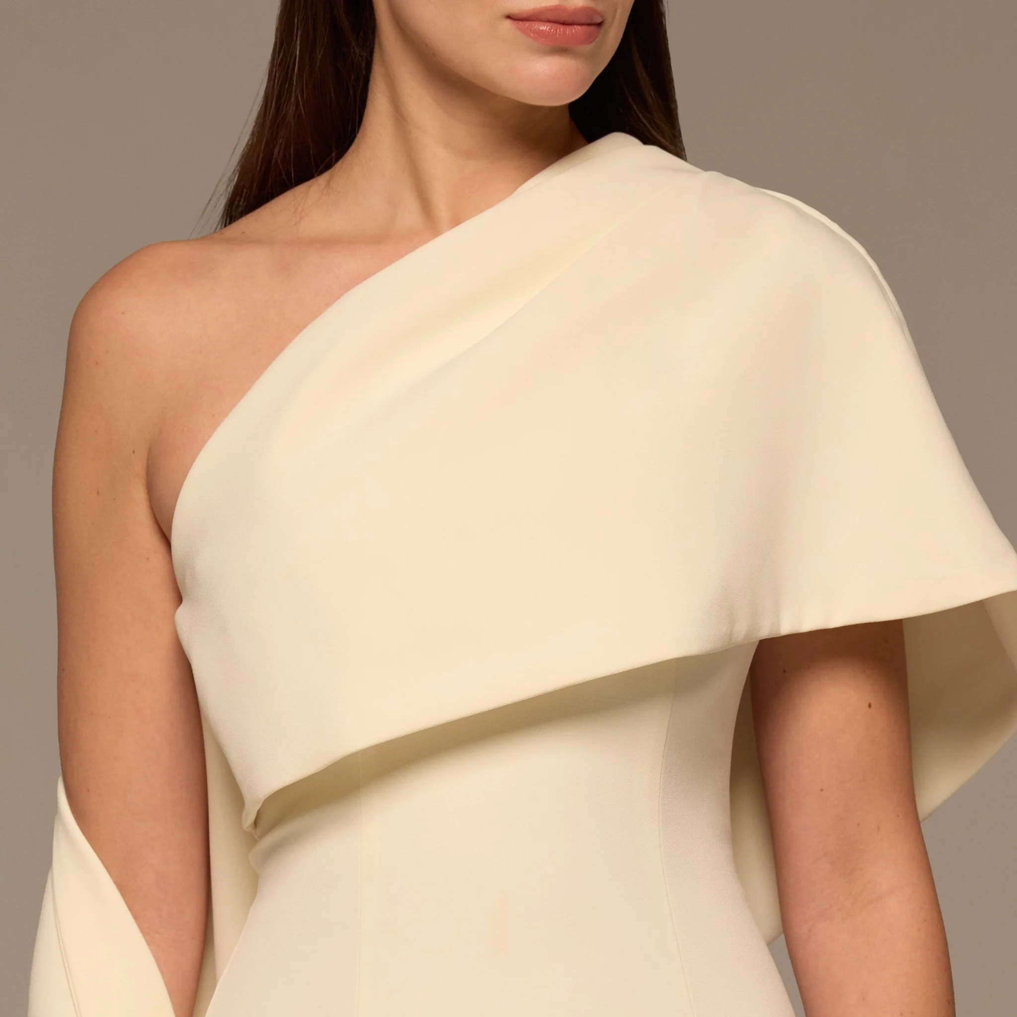 Ivory One Shoulder Draped Crepe Dress - Image 4