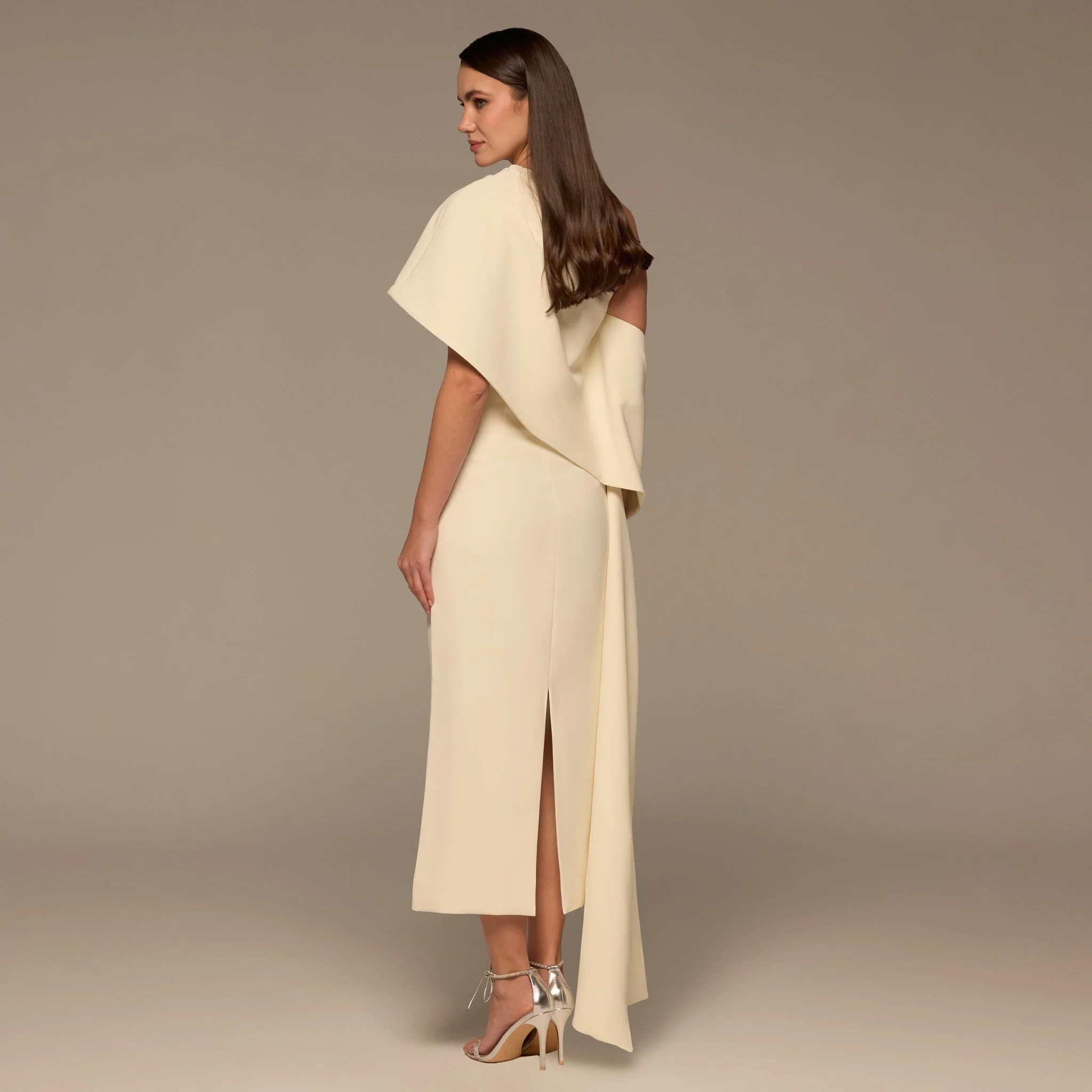 Ivory One Shoulder Draped Crepe Dress - Image 5