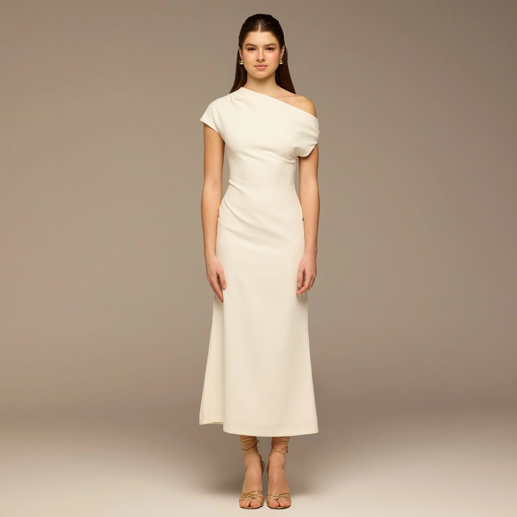 Ivory Asymmetric Sleeve Crepe Dress
