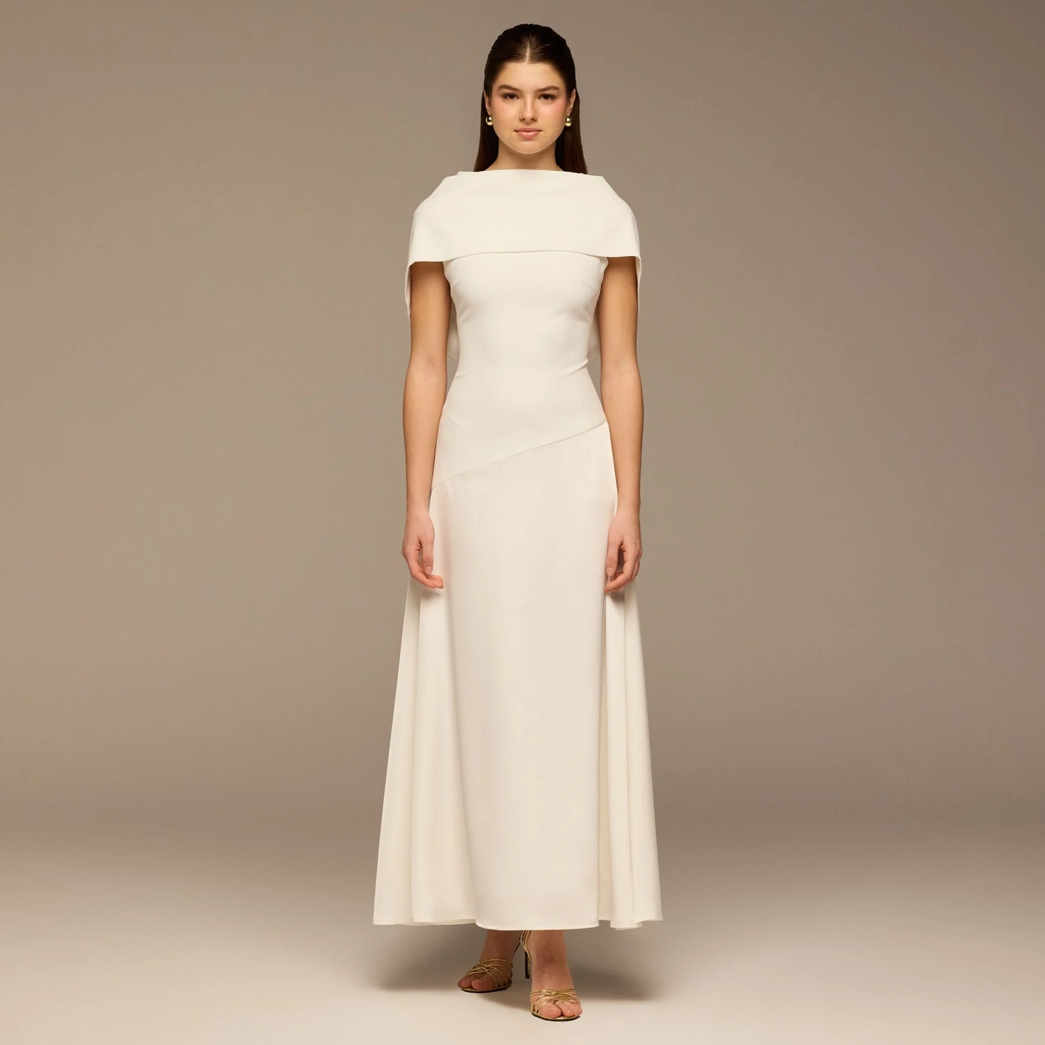 Ivory Off-Shoulder Crepe and Satin Maxi Dress