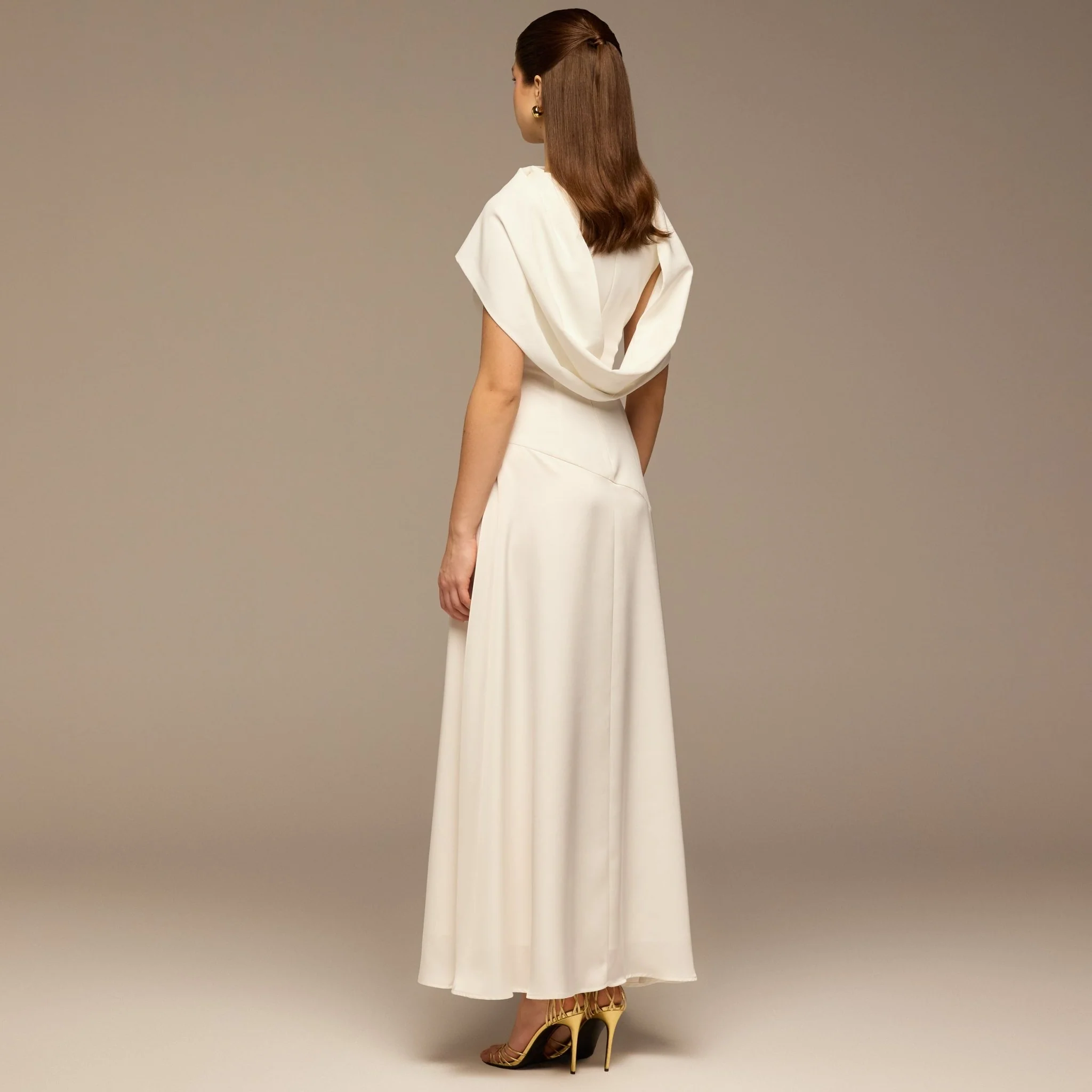 Ivory Off-Shoulder Crepe and Satin Maxi Dress - Image 4