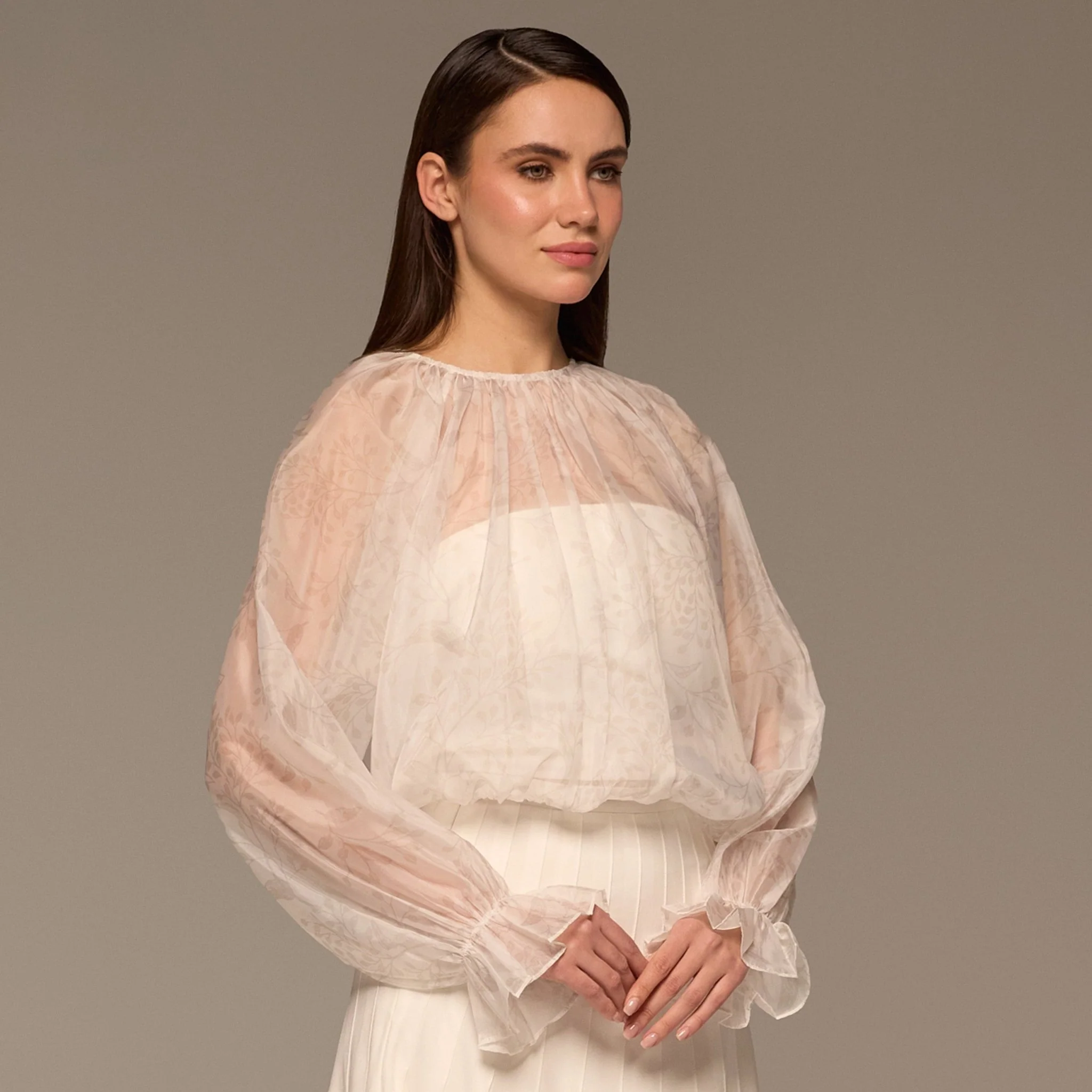 Ivory Printed Puff-Sleeve Organza Blouse - Image 5