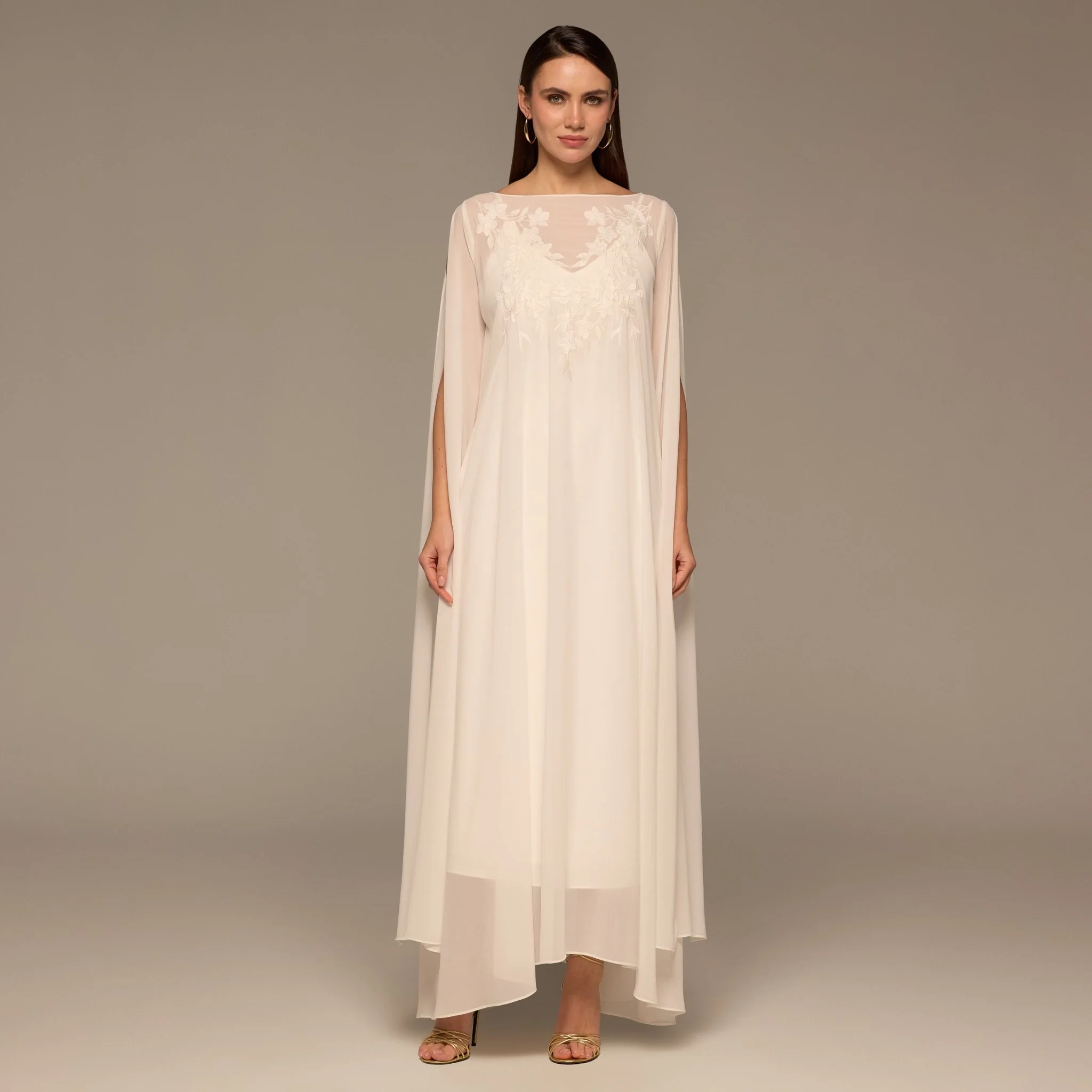 Ivory Satin Dress with Embroidered Chiffon Overlay